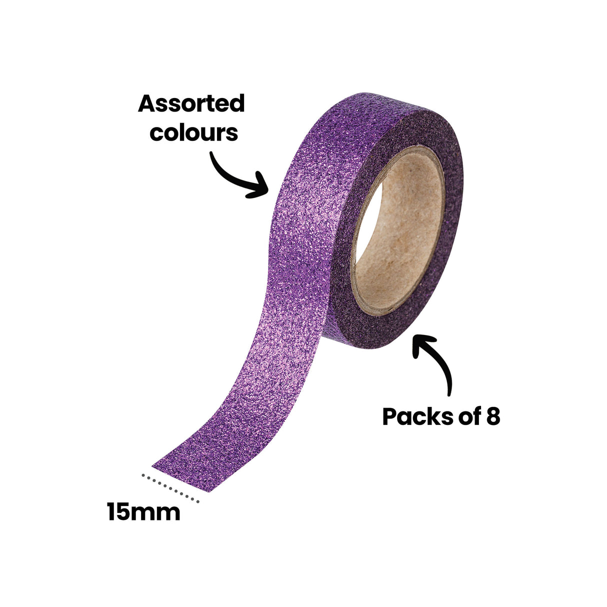 An annotated image of a roll of purple glitter Zart Washi Tape, unrolled to show its sparkling texture. Labelled "Assorted colours", "Packs of 8", and "15mm", indicating the tape comes in multiple colourways, sold in packs of eight rolls, each 15mm wide.