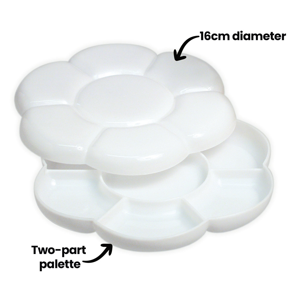 Two white plastic Zart Daisy palettes stacked diagonally, each flower-shaped with petal-style wells. Annotations read "16cm diameter" and "Two-part palette", highlighting the size and nested two-piece design that allows the trays to fit together for storage.