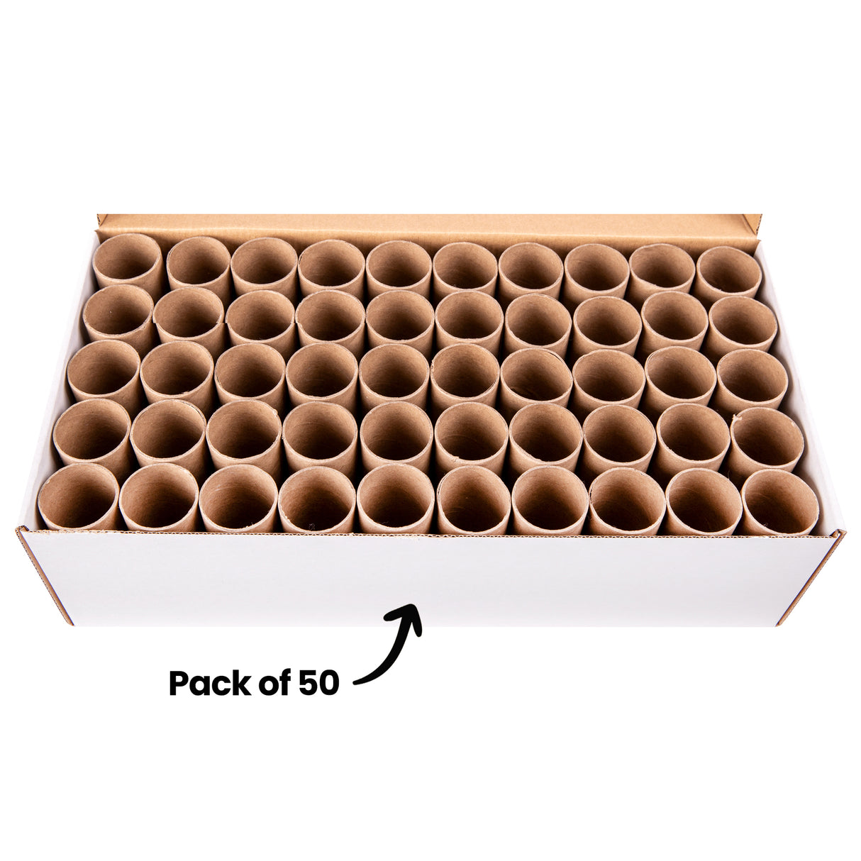 An open cardboard tray filled with neatly arranged papier-mache tubes is shown from above on a pale background. Black annotation text reads “Pack of 50”, highlighting the classroom bulk quantity and uniform cylindrical tube size suitable for group art and construction activities.