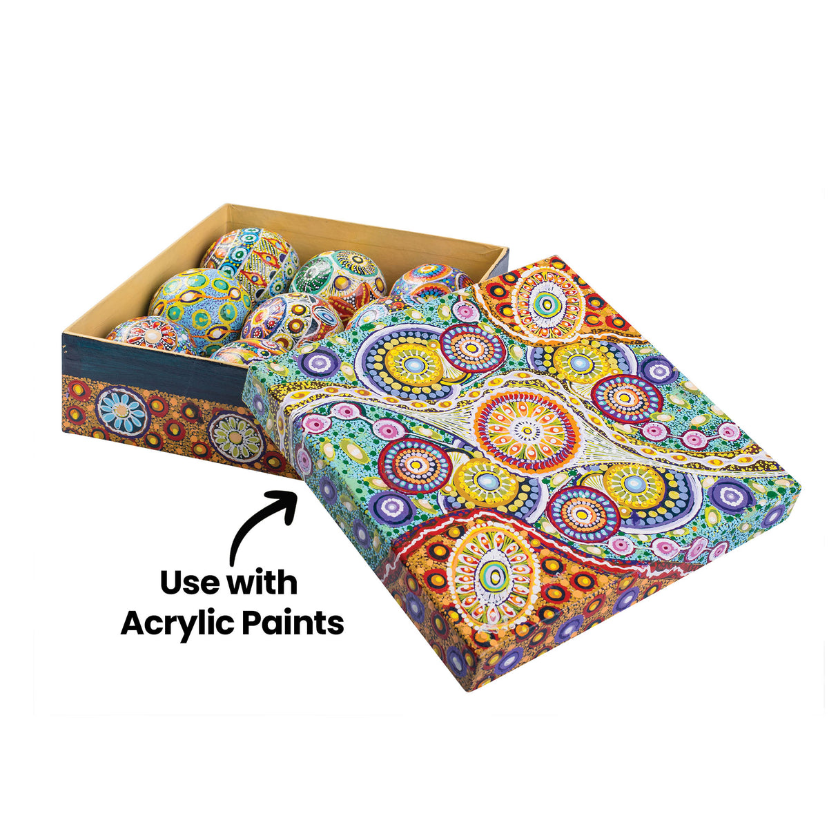 An annotated image of an open box of Zart Papier-mache Baubles, both the lid and interior painted in colourful Aboriginal-style dot-art patterns with circular motifs in blue, yellow, red, and purple. Several dot-painted baubles sit inside. Labelled "Use with Acrylic Paints".