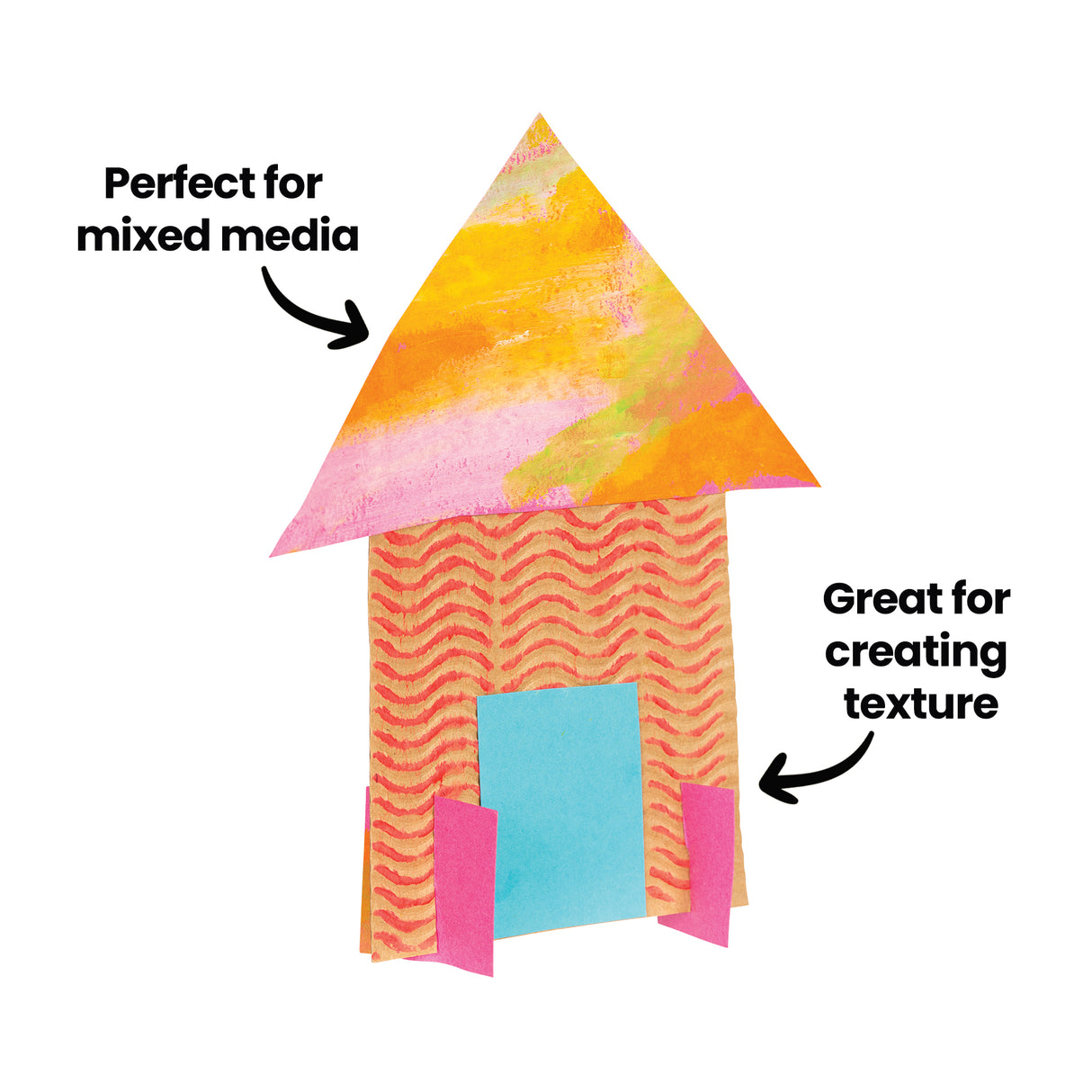 Colourful house collage made from corrugated cardboard with overlaid text Perfect for mixed media and Great for creating texture. The roof features blended pink, yellow and orange paint. The walls reveal red wavy corrugation beneath cut shapes, emphasising layered texture.