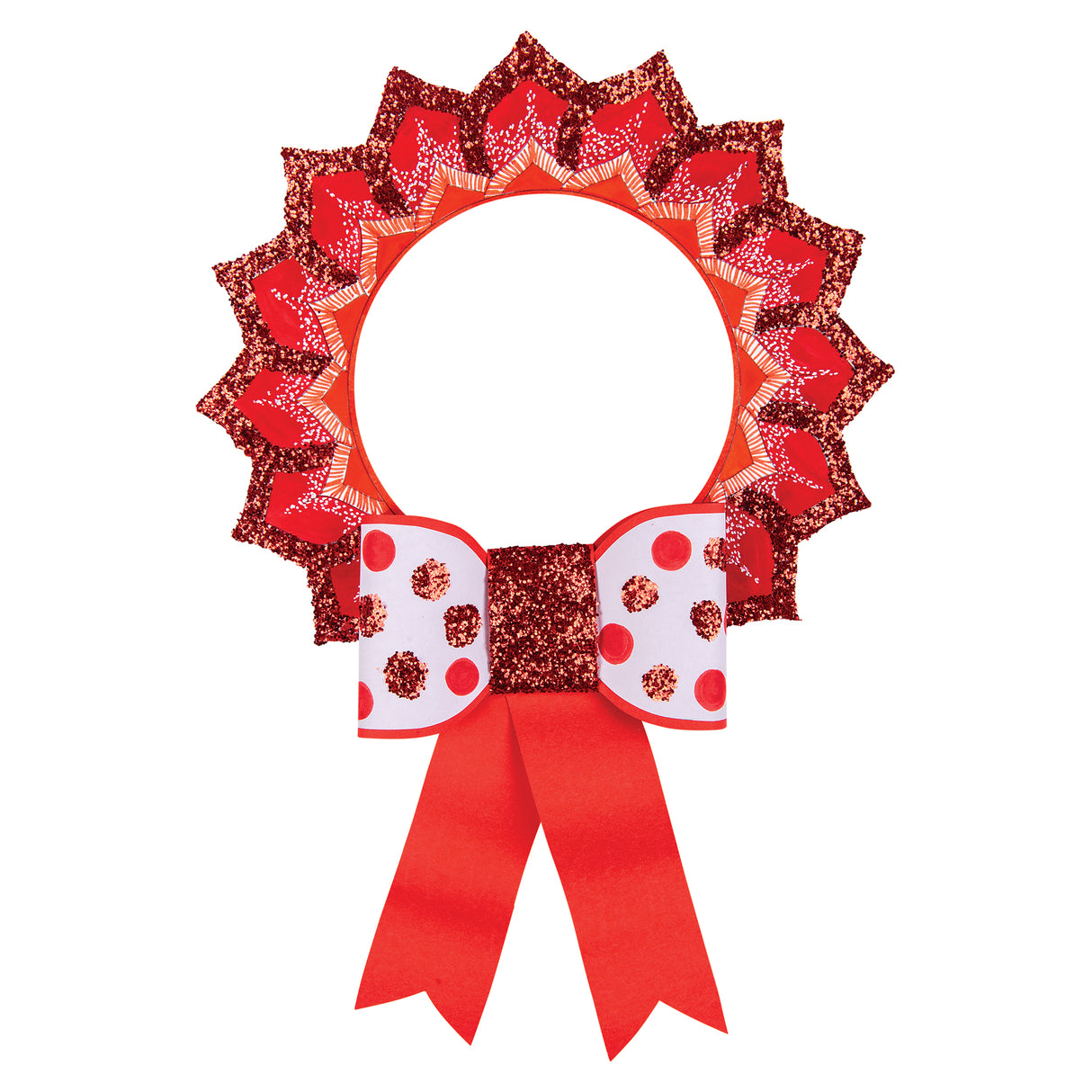 A decorated sample made using a Zart ColourMe Wreath, with red and gold glitter paper petals layered around the printed pattern and a red-and-white polka dot bow with glittery centre and ribbon tails. The finished piece resembles a festive rosette wreath.