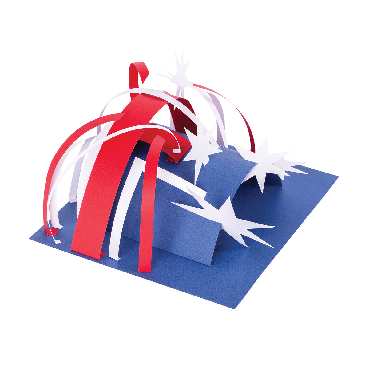 A sculptural card artwork using the Australian Flag's blue, red and white palette from the Zart Australian Flag Colours pack. A flat blue base supports upright red panels, with curled ribbon-like strips arching upward and white star shapes with pointed rays scattered across the raised forms.