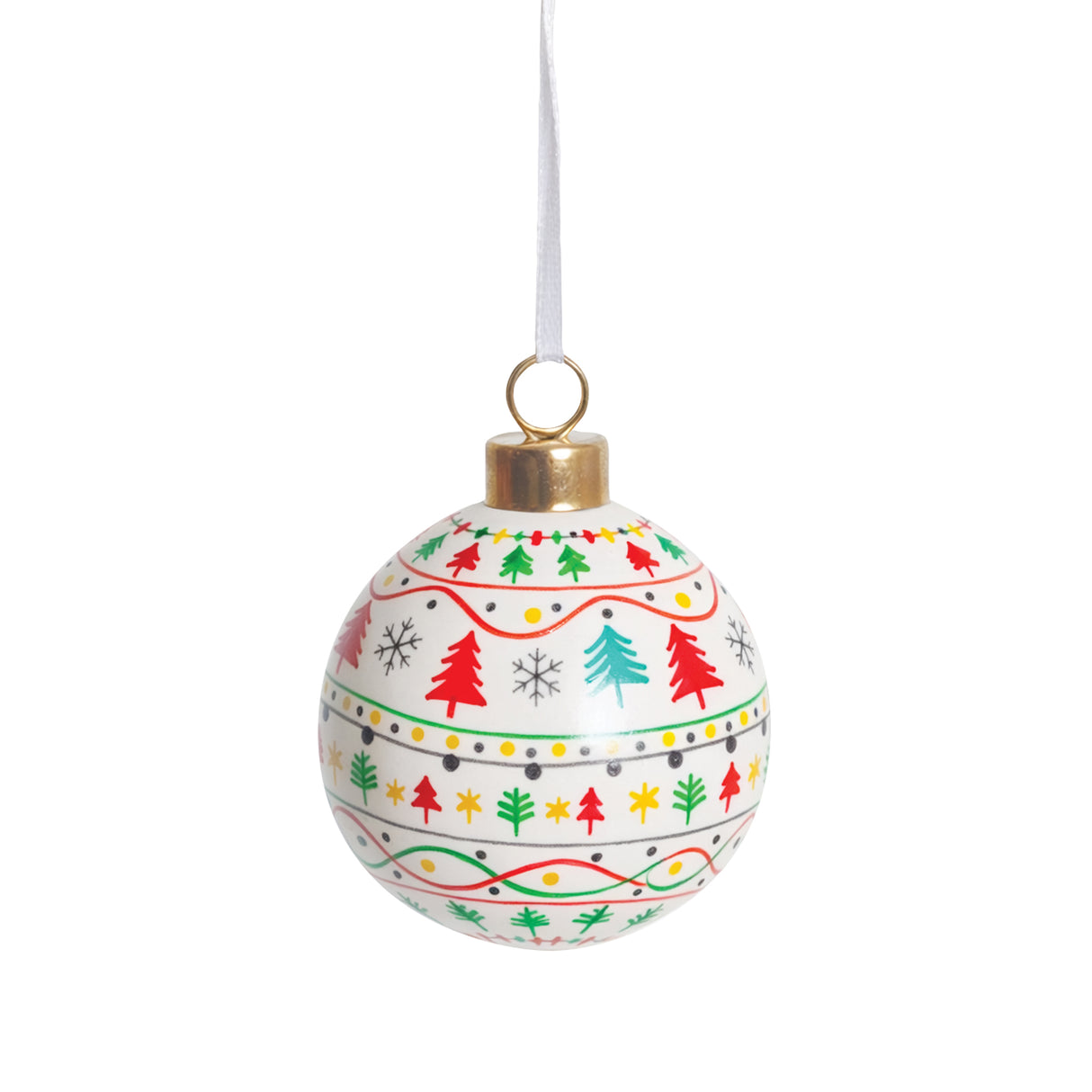 A decorated sample made using a Zart Ceramic Bauble, hand-painted with a festive pattern of red, green and teal Christmas trees, snowflakes, stars and dotted garland lines circling the white surface. A gold cap and white ribbon loop complete the finished piece.