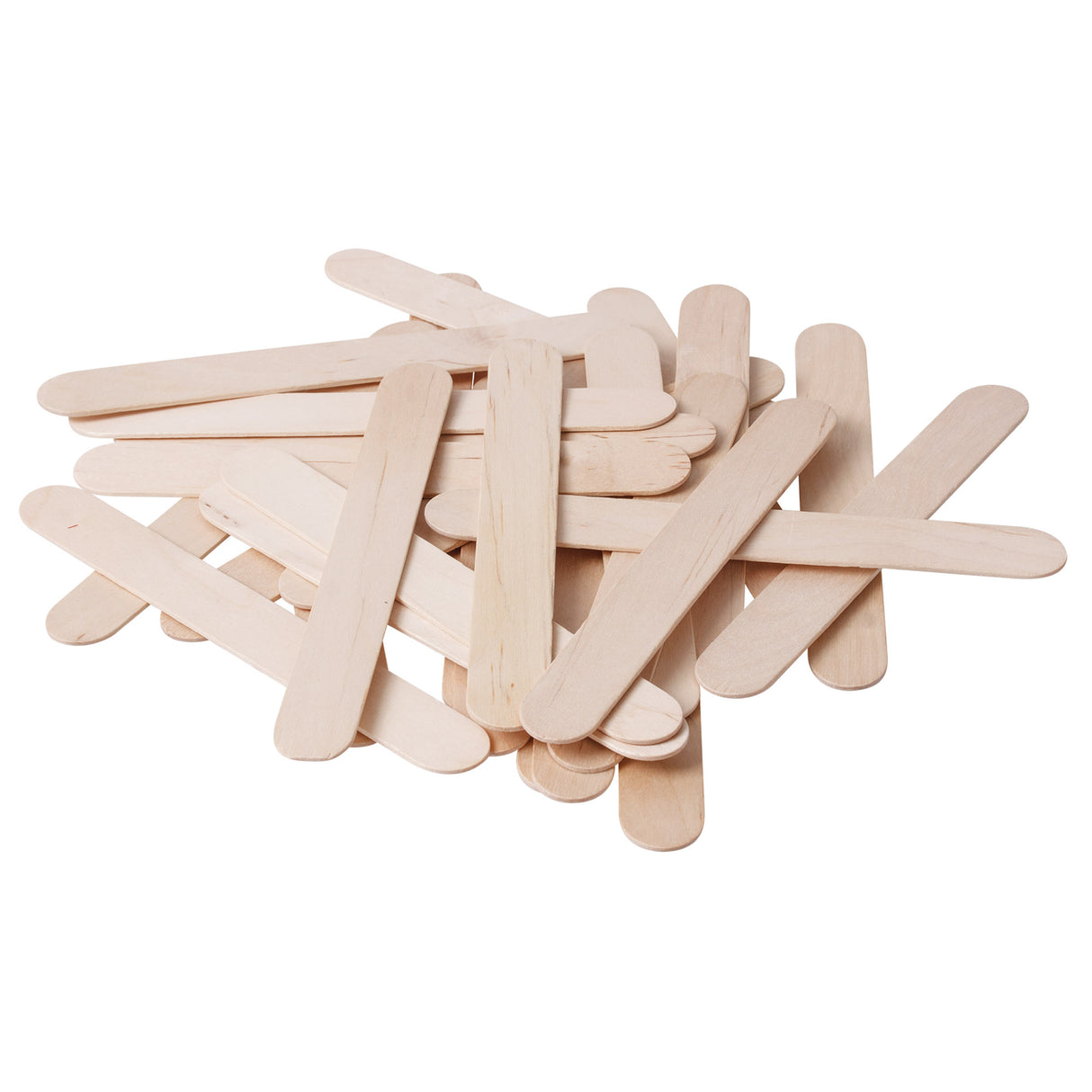 A scattered pile of Popstick Natural - Giant wooden craft sticks overlaps across a pale grey background. The oversized sticks feature rounded ends, smooth unfinished timber surfaces, and soft beige tones with visible natural grain patterns and slight colour variation throughout the wood.