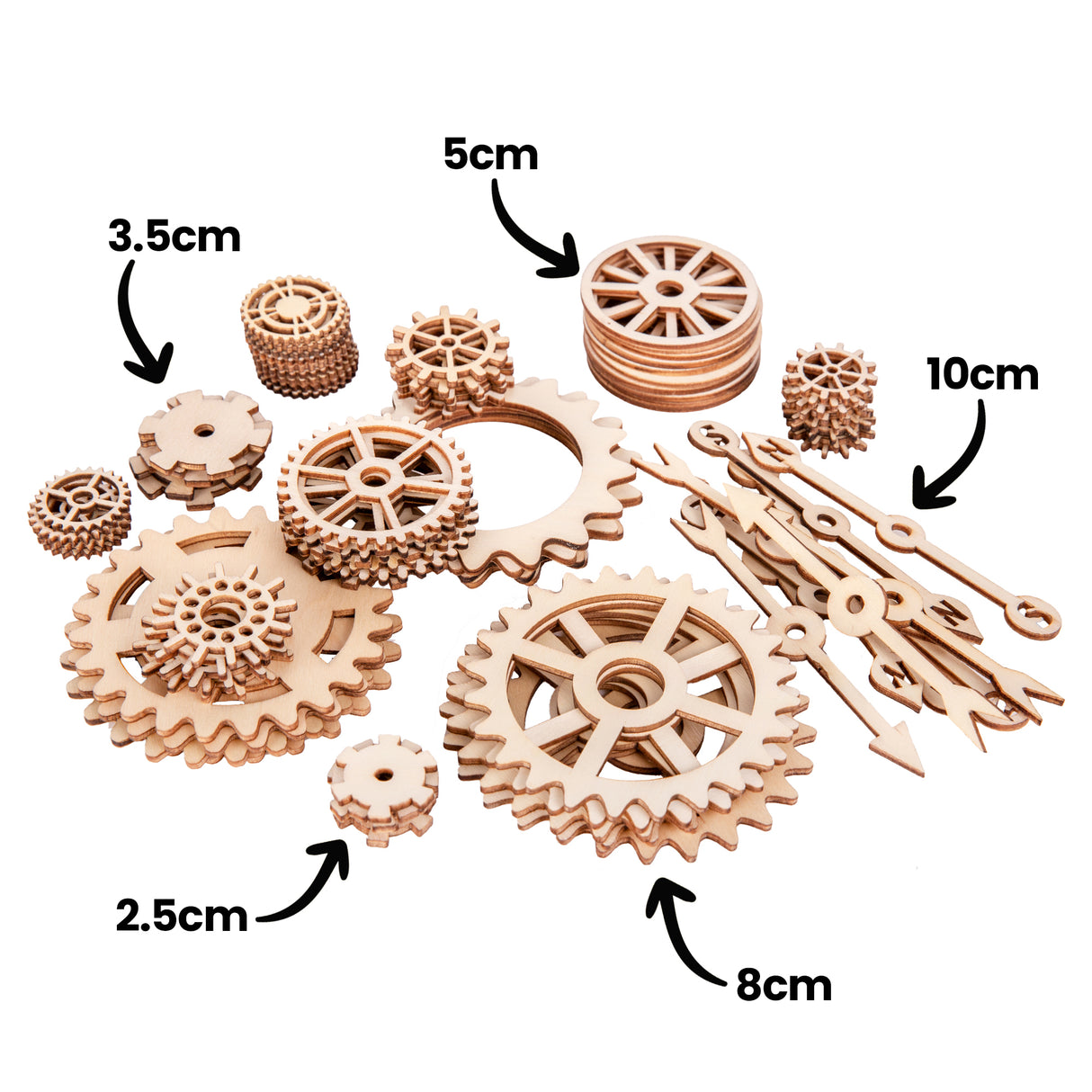 Stacks of Zart Wooden Gears and Cogs Assorted pieces are displayed with black measurement annotations reading “2.5cm”, “3.5cm”, “5cm”, “8cm” and “10cm”. The image highlights the assorted sizes and detailed laser-cut timber designs included in the pack.