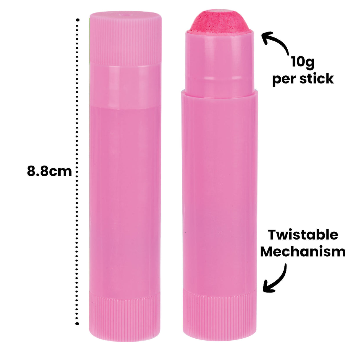 Two Zart Colour Slicks in pink shown upright. One has the cap on and the other reveals the rounded paint stick. Annotation text reads “8.8 cm,” “10 g per stick,” and “Twistable Mechanism.” The sticks have ribbed twist bases for extending the smooth, creamy colour.