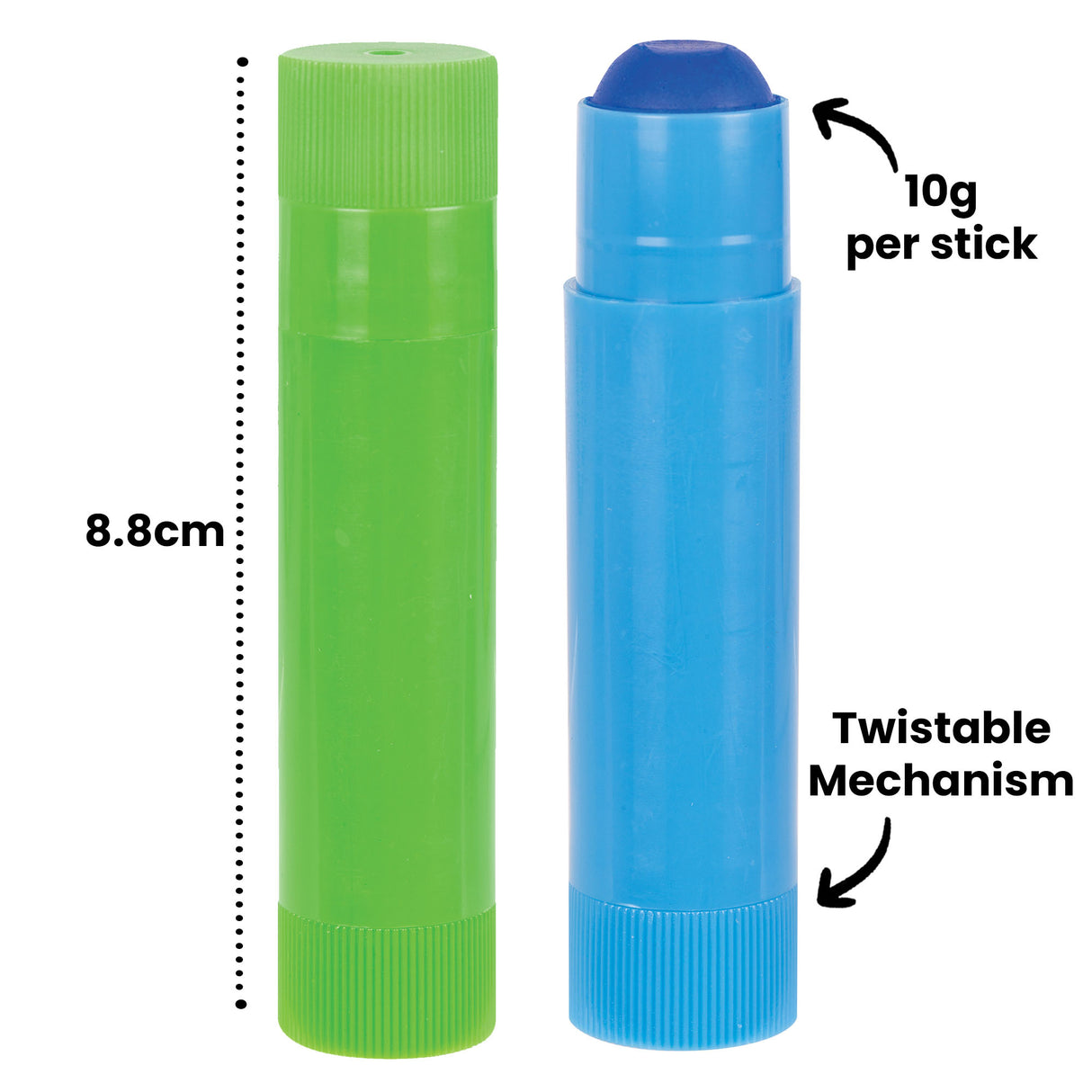 Two Zart Colour Slicks are shown upright: a green stick with cap on and a blue stick with the colour exposed. Annotation text reads 8.8 cm, 10 g per stick, and Twistable Mechanism. The sticks have ribbed twist bases used to extend the soft, vibrant paint.