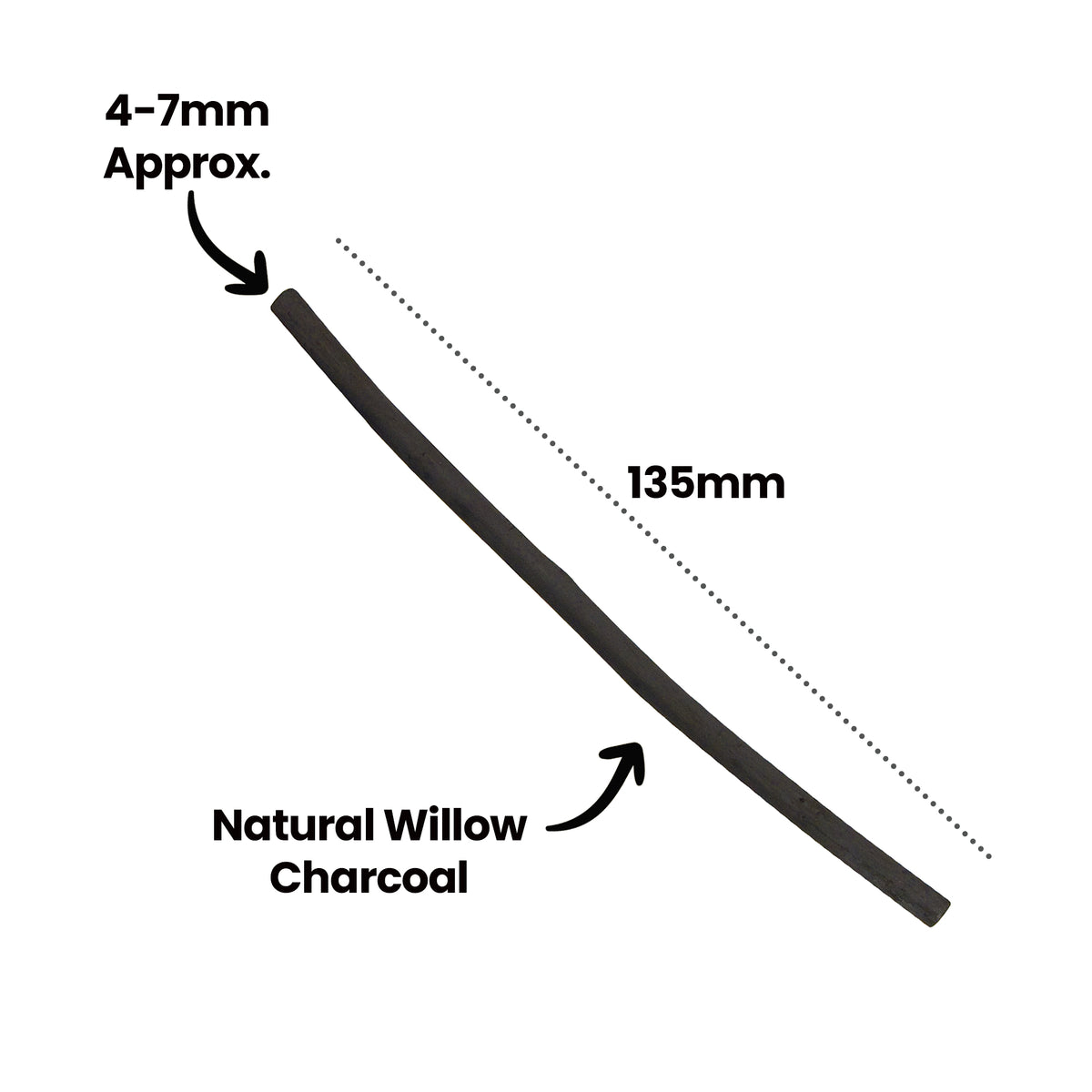A single natural willow charcoal stick shown diagonally against a white background, slightly curved with an uneven matte surface. Annotations read ‘4-7mm Approx.’ pointing to the thickness, ‘135mm’ marking the length along a dotted line, and ‘Natural Willow Charcoal’ pointing to the stick.