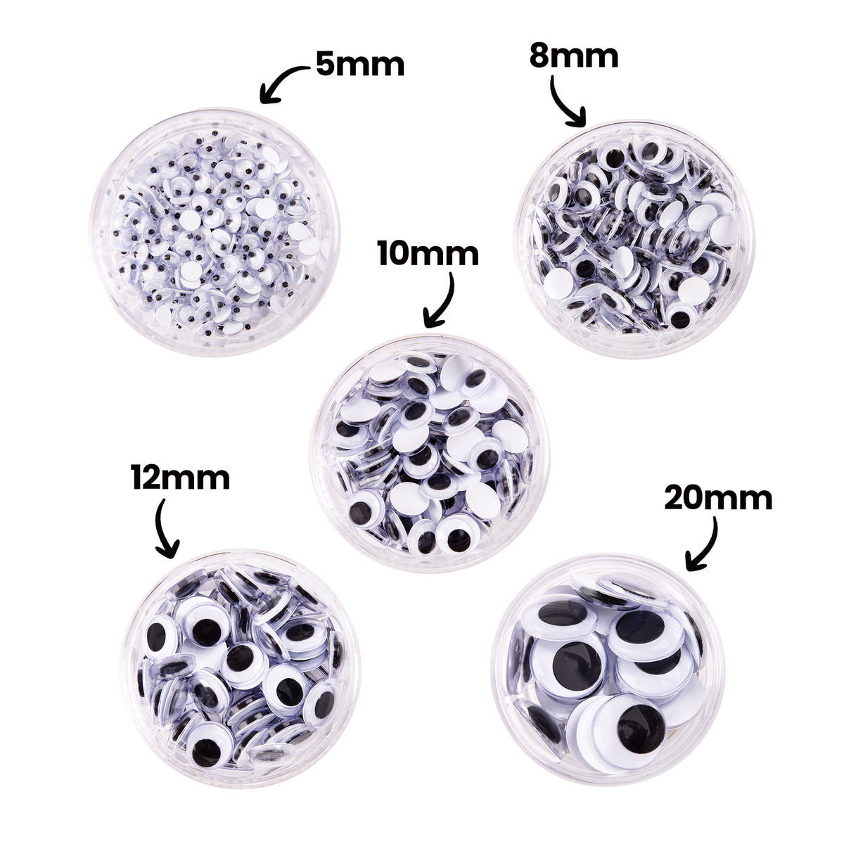 Five round tubs of Zart Joggle Eyes viewed from above, each annotated with its size: 5mm, 8mm, 10mm, 12mm and 20mm. The eyes visibly increase in scale across the tubs, from tightly packed tiny dots to a handful of large eyes filling the 20mm tub.