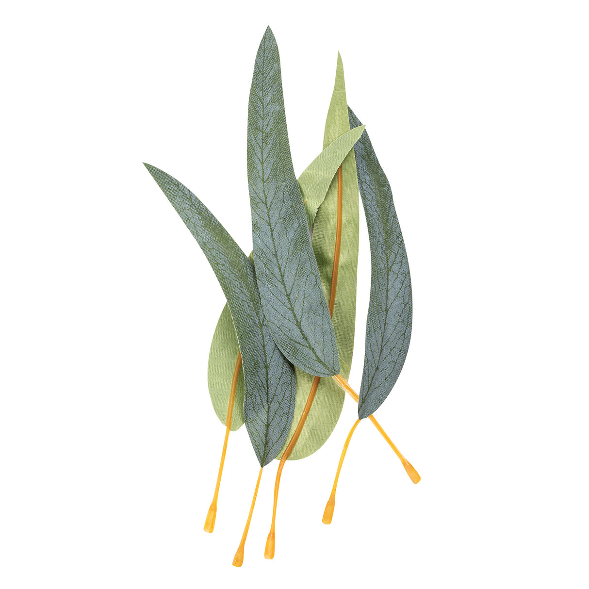 A small bundle of Zart Gum Leaves arranged upright, mixing blue-green veined leaves with plain olive-green leaves of varying lengths, their flexible orange-yellow plastic stems crossed and splayed at the base to hold the arrangement standing upright on a plain white background.