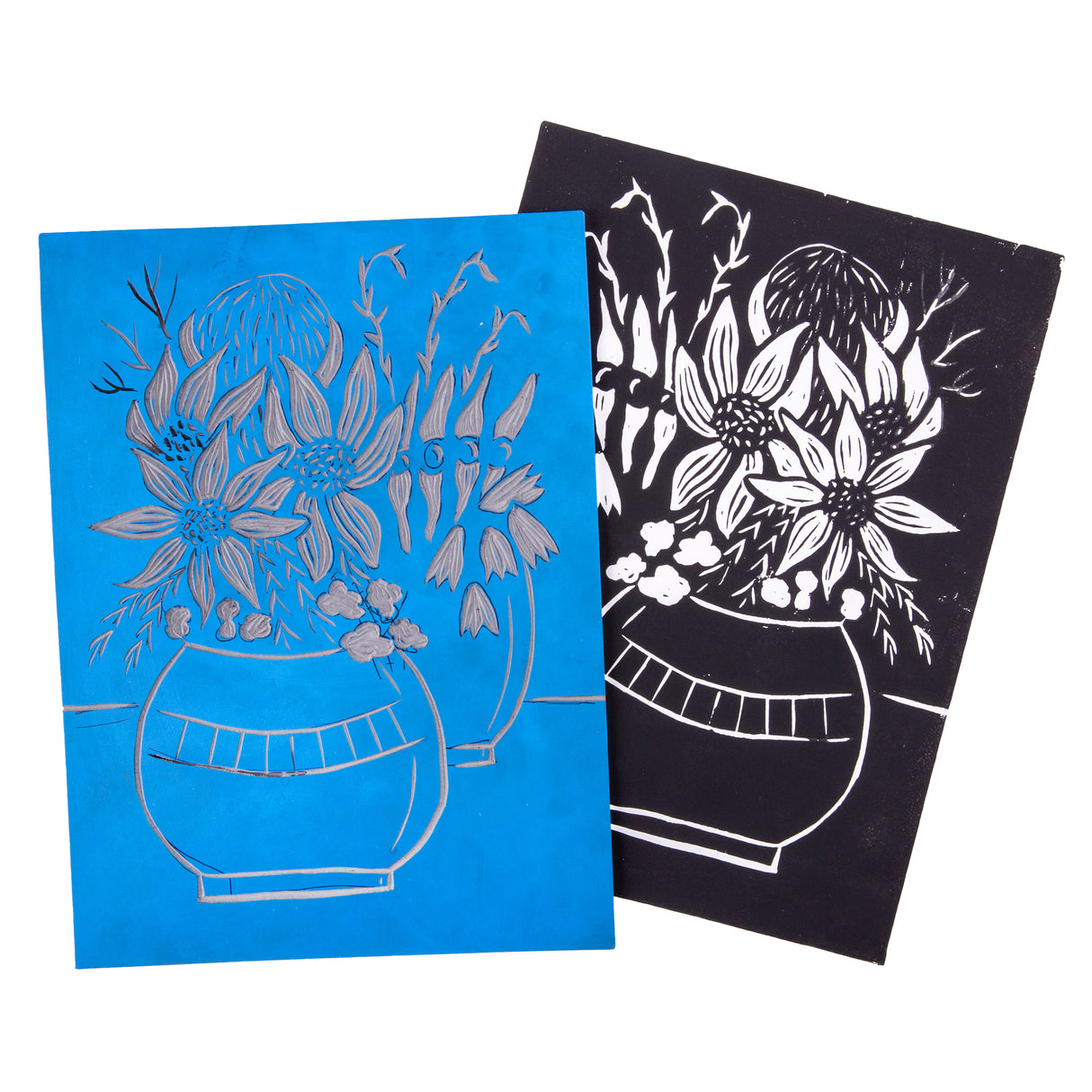 Photo showing a carved blue Lino Tile Vinyl Double Sided sheet beside a finished black ink print of flowers in a vase. The carved tile reveals grey cut marks, while the print shows crisp white lines against a dark background.