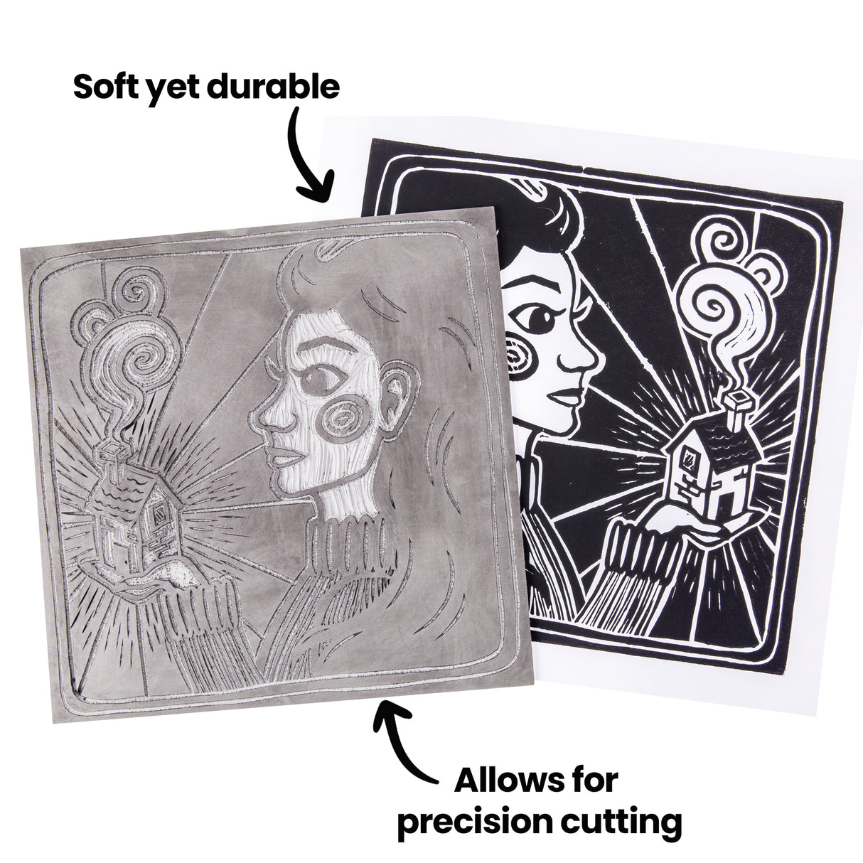 Photograph of a carved Silk Cut Lino Tile beside its corresponding black ink print. Annotated text reads “Soft yet durable” and “Allows for precision cutting,” emphasising the material’s smooth carving surface and detailed line capability.