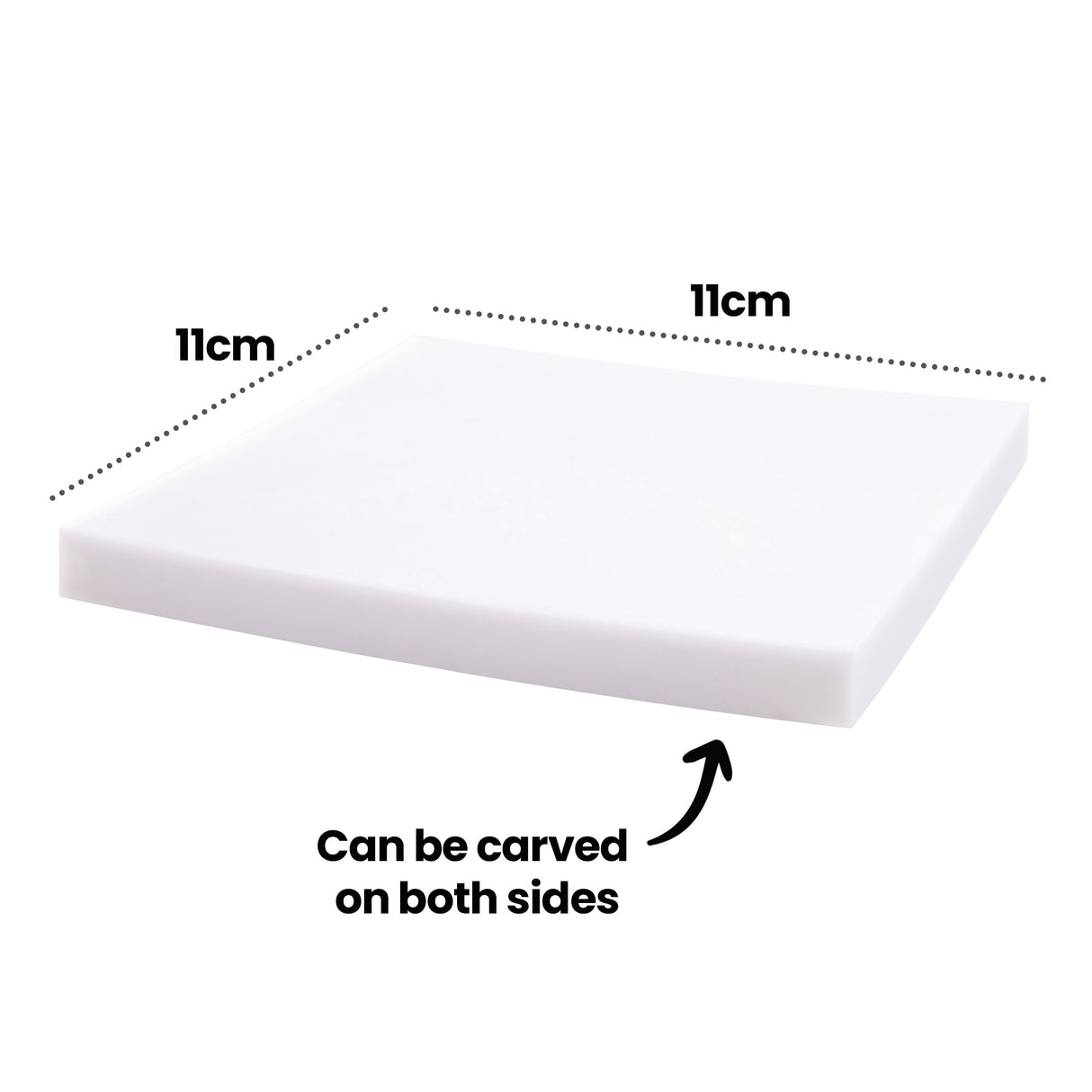 Single square white carving block displayed with dotted measurement lines and text reading “11cm” along the top and side. Additional text reads “Can be carved on both sides,” with an arrow pointing to the block’s edge.