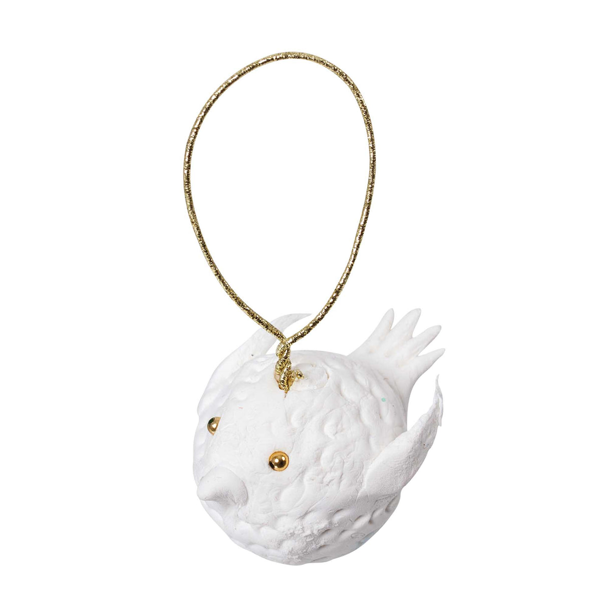 A white clay fish-shaped ornament sculpted from Magiclay Porcelain Clay, featuring textured scales, fanned fins and gold bead eyes, hung from a glittering gold cord. Demonstrates the clay's smooth, porcelain-like surface, fine sculptural detail and suitability for decorative hanging pieces or festive tree ornaments.
