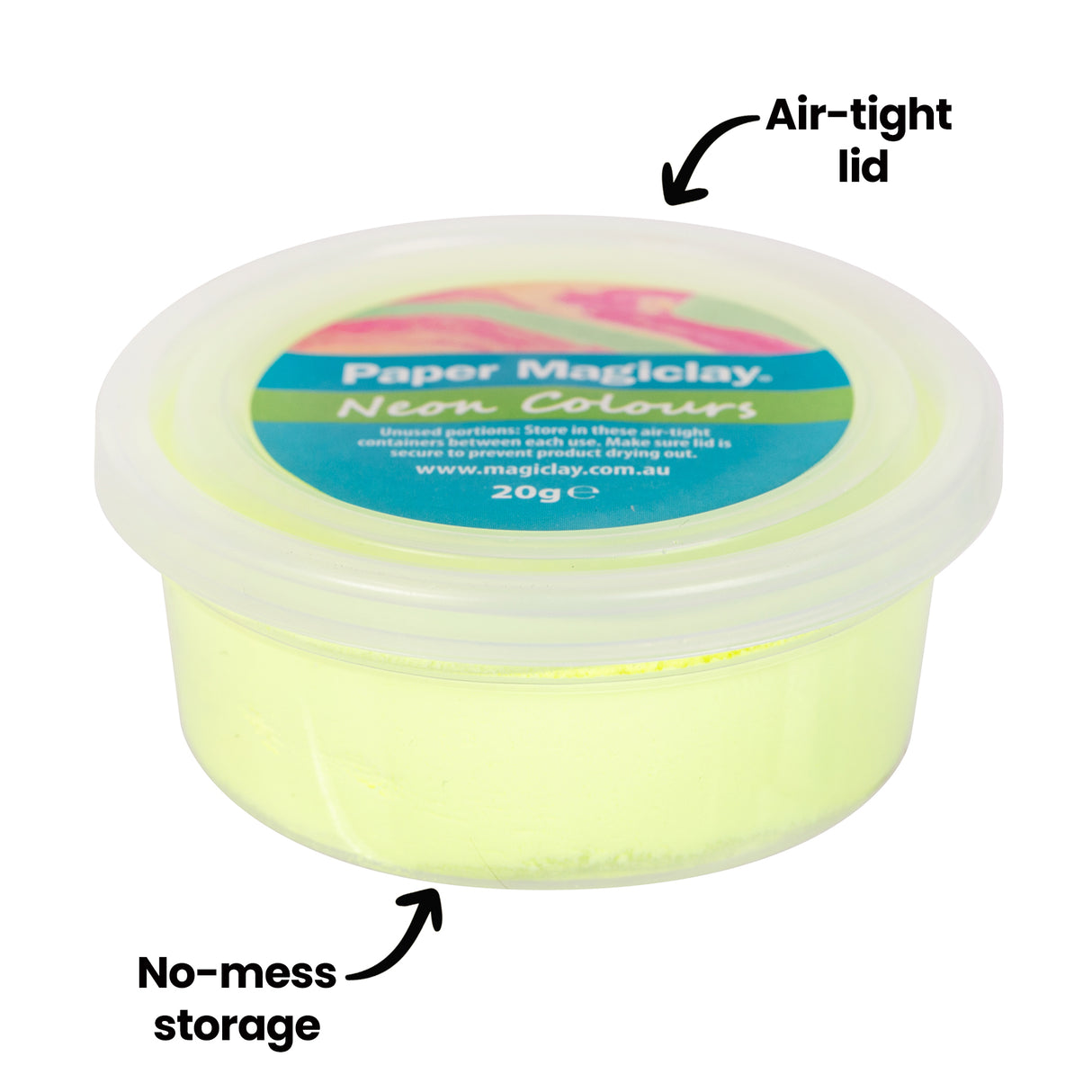 Round translucent container of bright neon yellow Paper Magiclay with air-tight lid featuring colourful product label. The 20g tub provides no-mess storage for the lightweight modelling material. Annotations read "Air-tight lid" and "No-mess storage" highlighting the secure container design for classroom and studio use.