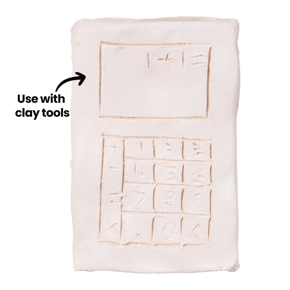 Flat slab of white clay carved into a calculator design with etched buttons and screen, with on-image text reading “Use with clay tools”.