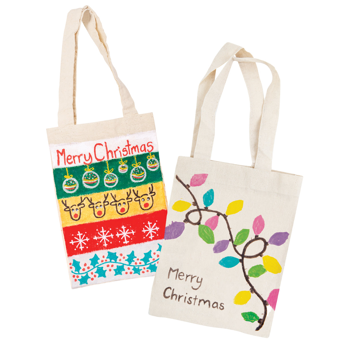 Two Zart Calico Bags shown side by side, each decorated with a festive design. The left bag reads "Merry Christmas" above rows of baubles, reindeer faces, and snowflakes on coloured bands. The right bag features a looping strand of coloured light bulbs and the words "Merry Christmas".