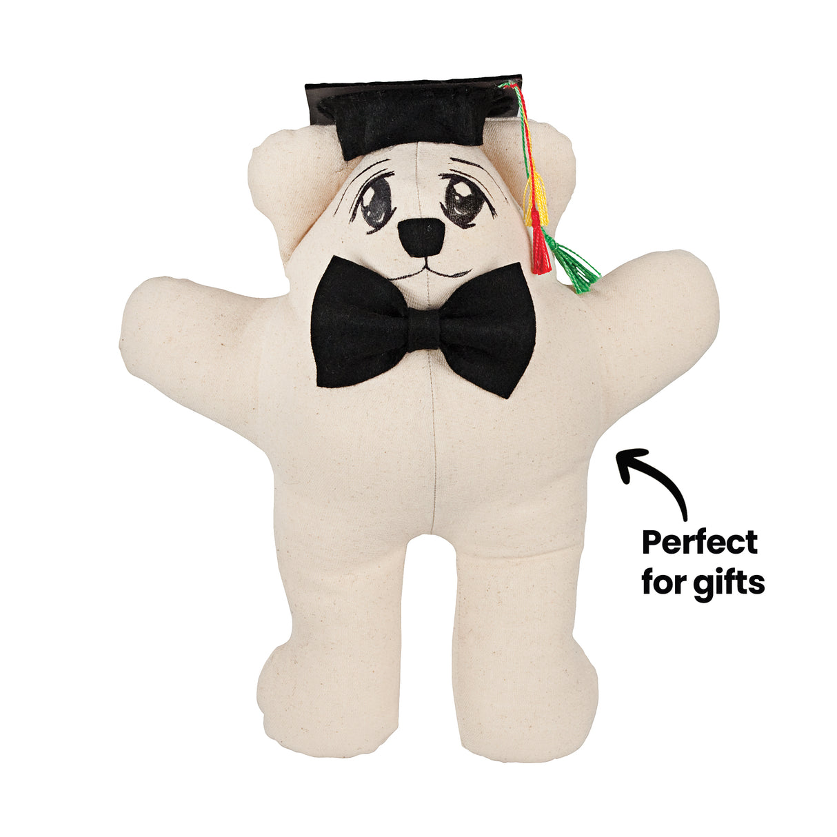 A finished calico bear decorated with black marker artwork in an anime style, wearing a black fabric bow tie and graduation cap with a colourful tassel. An annotation reads "Perfect for gifts." Demonstrates the bear's potential as a personalised keepsake.