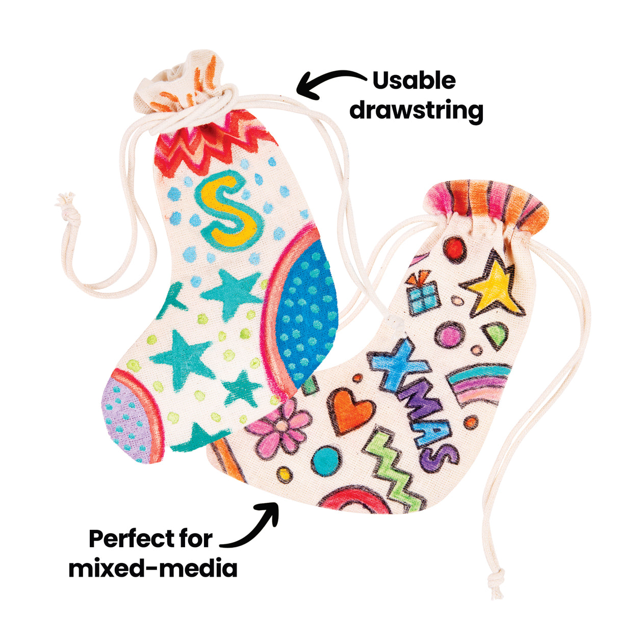 Two decorated calico stockings displayed with on-image text reading “Usable drawstring” and “Perfect for mixed-media.” Designs include stars, zigzags, dots, rainbow, flower and the word “XMAS,” demonstrating colourful customisation options.