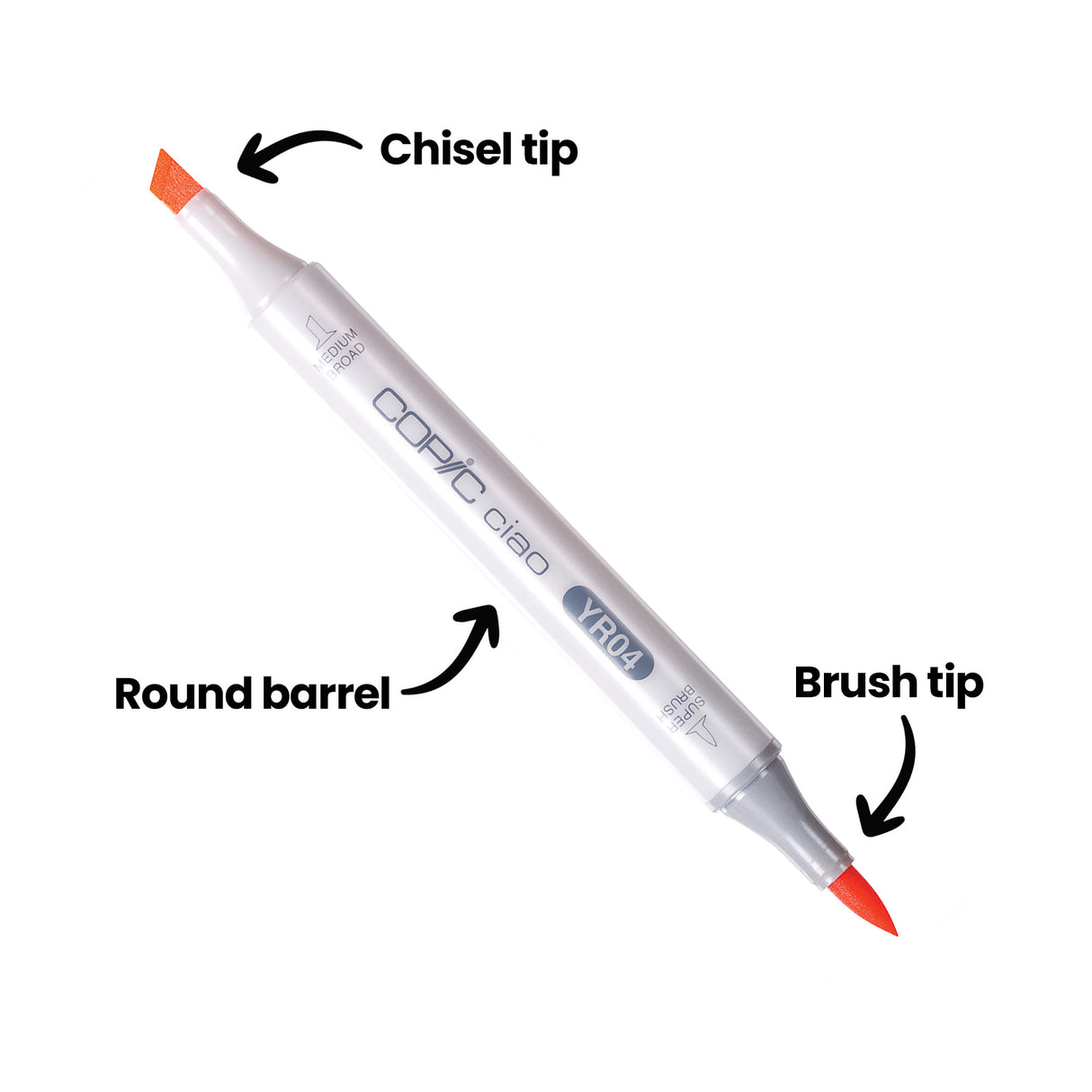 A single Copic Ciao marker in YR04 shown diagonally with three annotated labels: "Chisel tip" pointing to the flat broad nib, "Brush tip" pointing to the fine pointed nib, and "Round barrel" indicating the cylindrical white body of the marker.