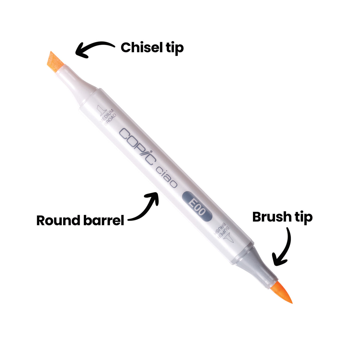 A single Copic Ciao marker in E00 shown diagonally with three annotated labels: "Chisel tip" pointing to the flat broad nib, "Brush tip" pointing to the fine pointed nib, and "Round barrel" indicating the cylindrical white body of the marker.