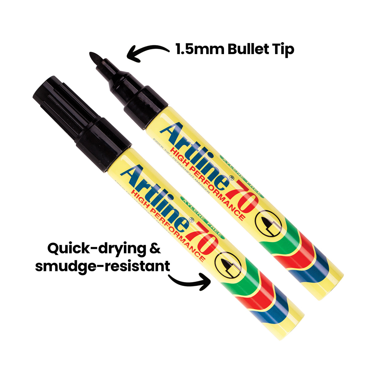 Two Artline 70 permanent markers in black, one capped and one uncapped, arranged diagonally on a white background. Yellow barrels show Artline 70 branding with green, red and navy wave graphics. Annotations read "1.5mm Bullet Tip" and "Quick-drying & smudge-resistant".