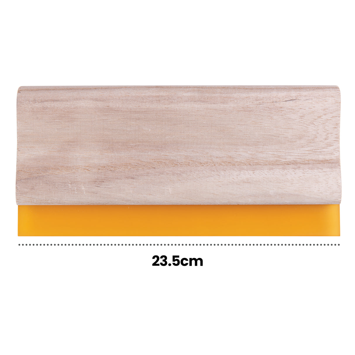A wooden squeegee is shown in close-up, featuring a smooth pale timber handle and a straight orange rubber blade. Black annotation text “23.5cm” appears below with a dotted line indicating the width measurement across the tool.