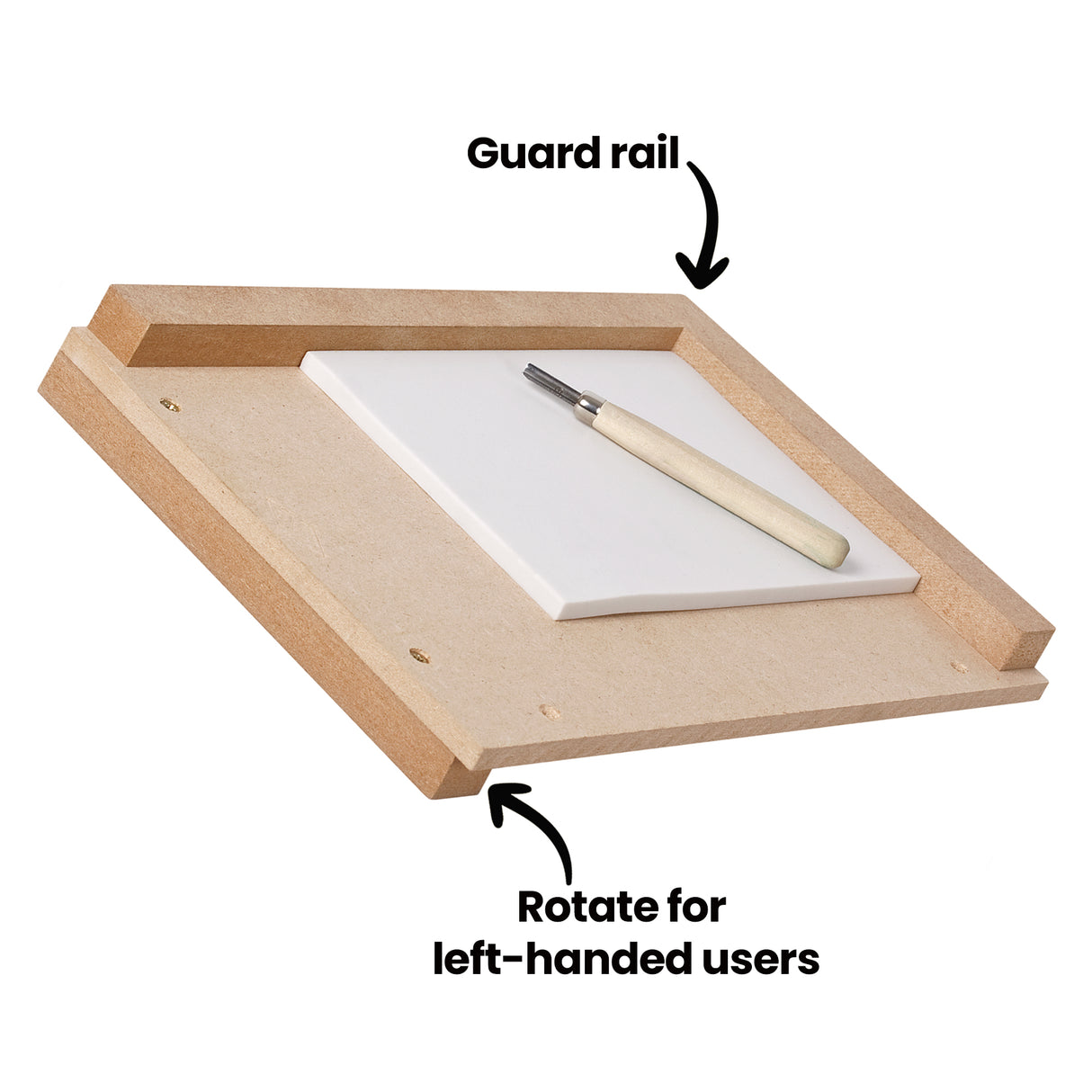 Zart Wooden Bench Hook product code TQ518 - A wooden carving bench hook with a raised guard rail, shown holding a cutting block and carving tool, with text indicating it can be rotated for left-handed users.