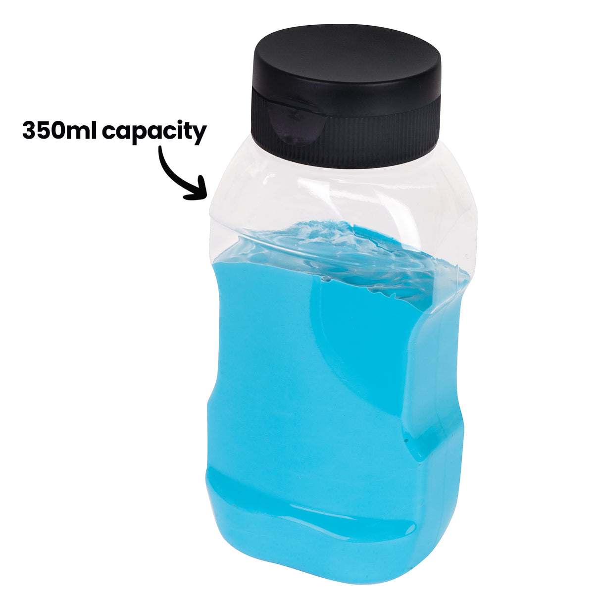 Clear plastic bottle partially filled with blue liquid, shown upright with annotation “350ml capacity”. The flat-topped black lid allows the bottle to stand securely on its base or lid for practical storage and use.