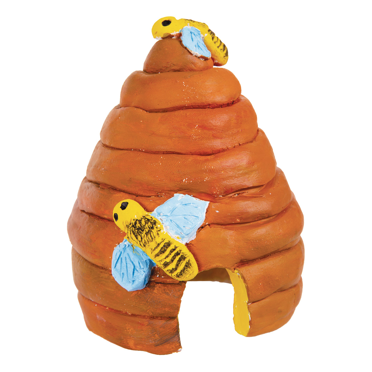 Handmade clay sculpture of an orange beehive with coiled layers, featuring two yellow and black striped bees with light blue wings positioned on the front and top, with an arched entrance at the base, demonstrating the modelling capabilities of Zart Oz Clay.