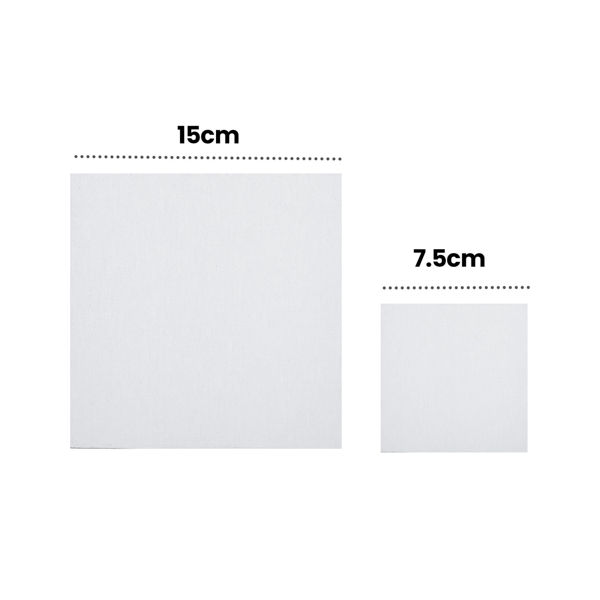 An annotated image comparing two sizes of blank Zart Canvas Square Magnetic Boards side by side, both with a textured white woven surface. Labelled "15cm" for the larger board and "7.5cm" for the smaller board, showing the size difference between the two options.