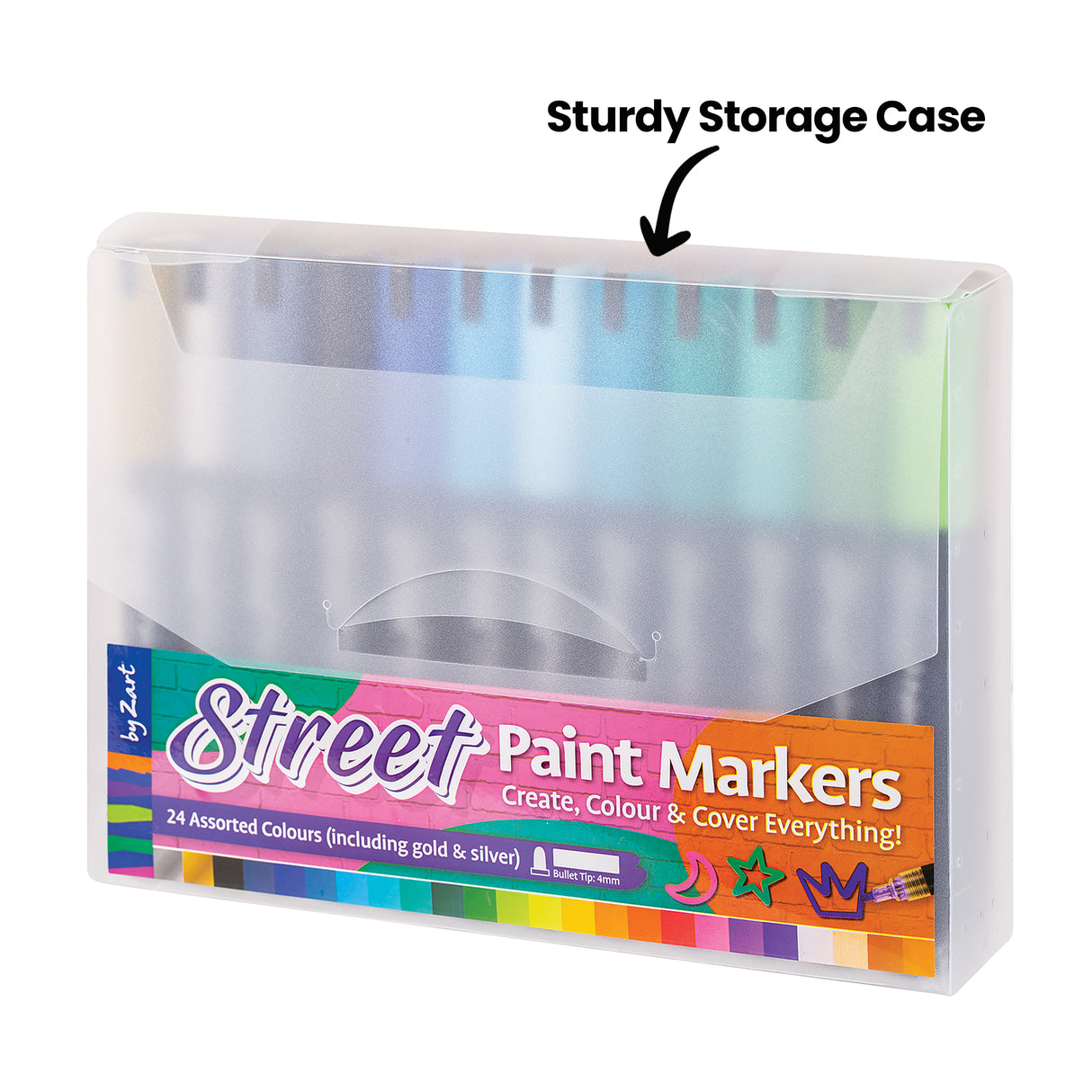 Set of Street Paint Markers packaged in a sturdy frosted plastic storage case. The markers are visible through the semi-transparent lid, and the label shows the 24 assorted colours included.