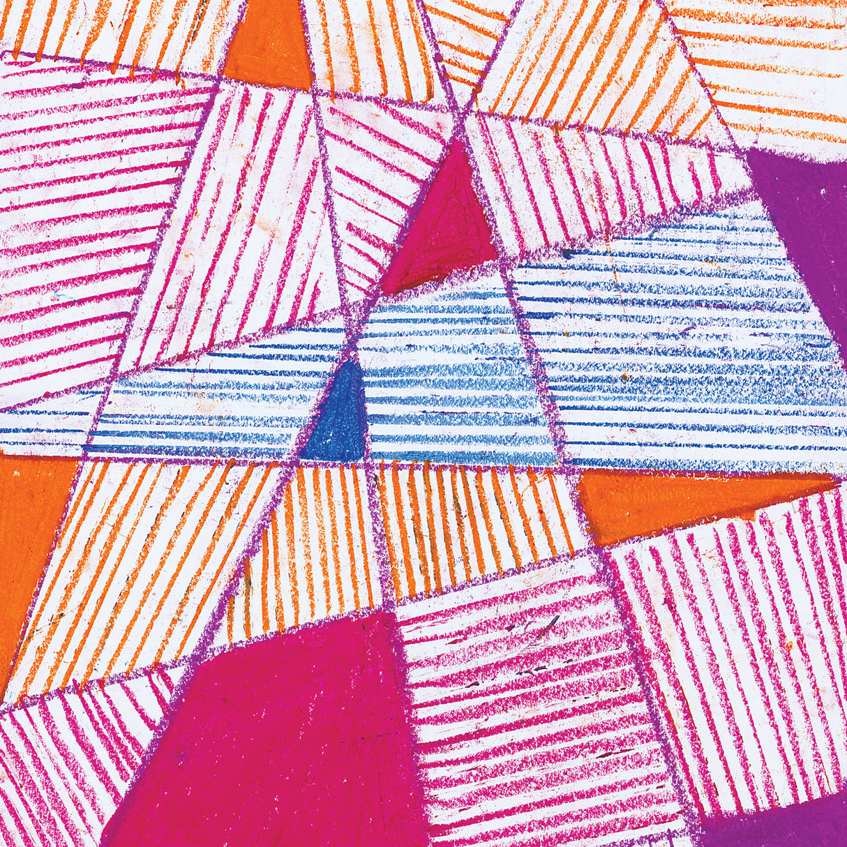 Vibrant abstract artwork created with Zart Basics Large Oil Pastels featuring overlapping geometric triangles and trapezoids in bold pink, orange, blue and purple hues. Each shape is filled with parallel striped textures demonstrating the pastels' smooth blending and layering capabilities on white paper.