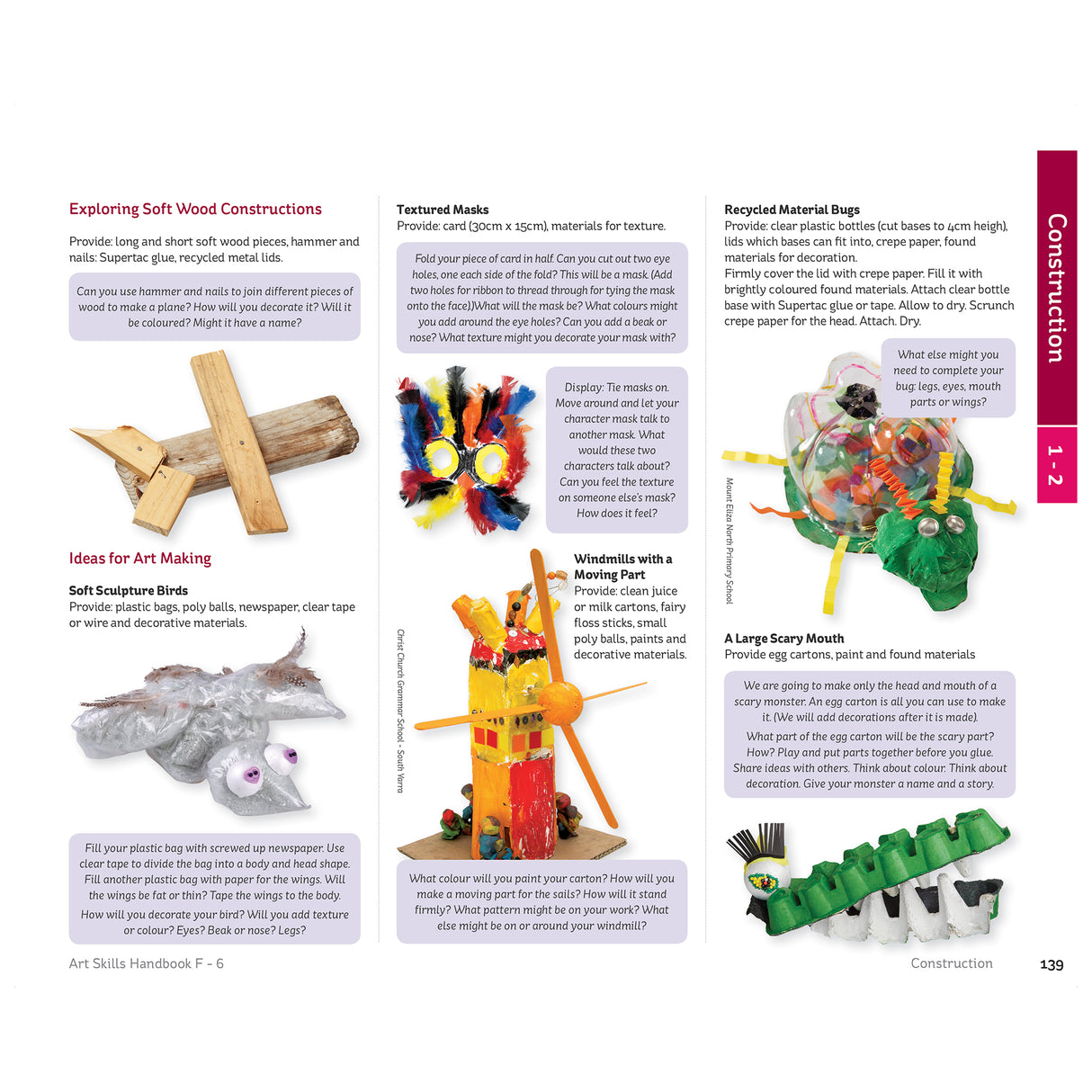 Page from Art Skills Handbook F–6 by Kate Hart presenting construction activities, showing student-made sculptures using wood, cardboard, plastic and found materials, including masks, bugs, birds and monster forms, with making instructions and discussion prompts.