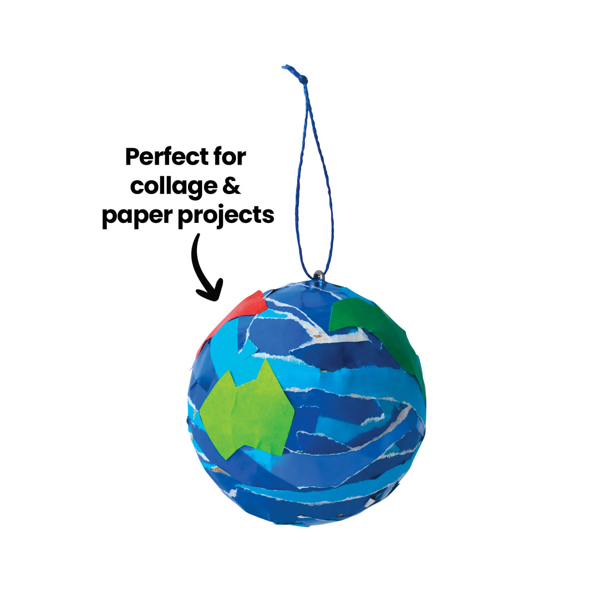 An annotated image of a decorated Zart Papier-mache Bauble covered in torn blue paper collage resembling ocean and continents, with green and light blue paper shapes suggesting landmasses, hung from a blue cord. Labelled "Perfect for collage & paper projects".