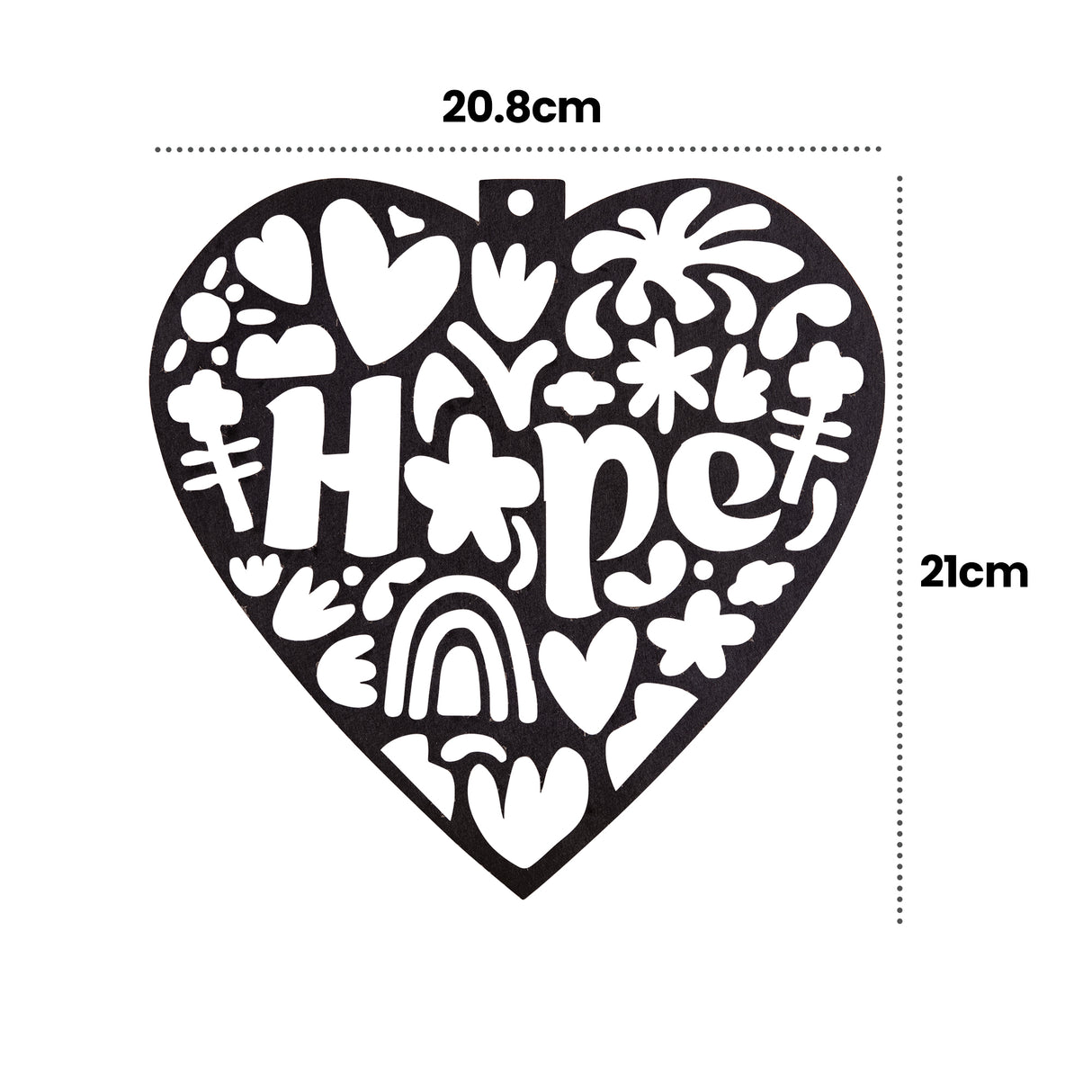 A plain black stencil cut-out from the Zart Stained Glass Wellbeing Baubles range, in a heart shape reading "Hope" surrounded by hearts, flowers and a rainbow motif. Dimension labels mark the design at 20.8cm wide by 21cm high.