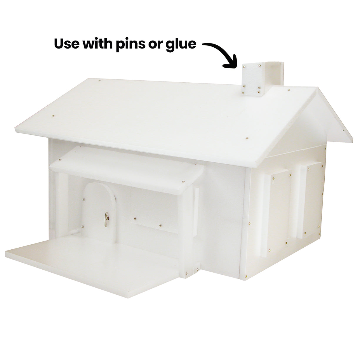 White foam structure assembled into a geometric model with flat panels and sharp edges. On-image text reads “Use with pins or glue”. Small fastenings are visible, contrasting against the matte white surface.