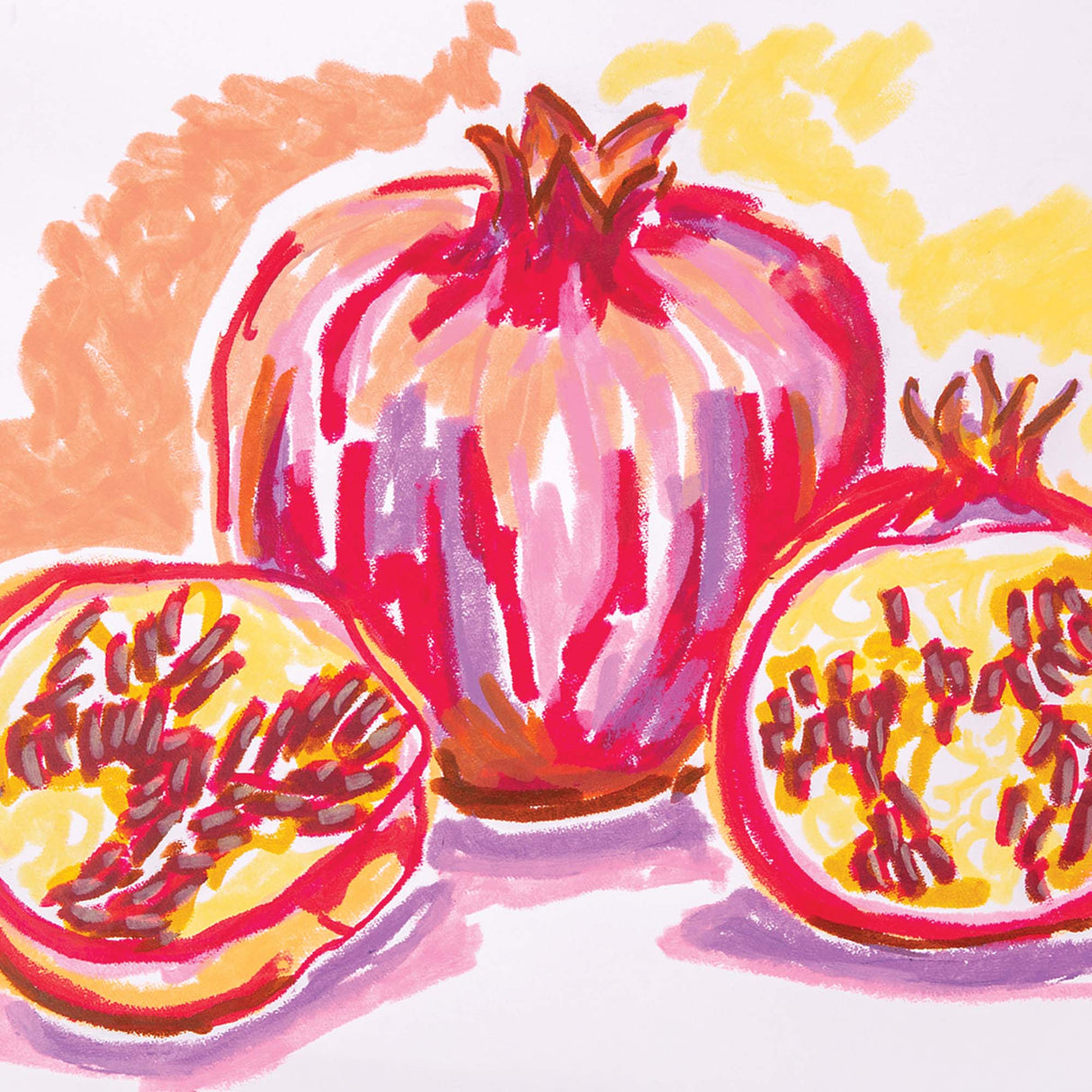 Vibrant still-life artwork created with Slicks By Zart Warm Earth Set showing a large pomegranate and two halved fruits. Bold brushstrokes in pink, red, yellow, purple and orange create expressive texture against a soft peach and yellow background, demonstrating the warm, blendable qualities of these drawing materials.