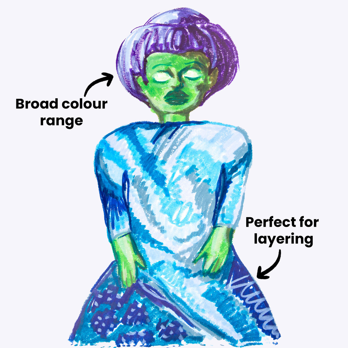 Illustration of a figure created using Cool Ocean Slicks in layered blues, purples, and greens. Annotation at left reads “Broad colour range” and at right “Perfect for layering”, with arrows pointing to the artwork.