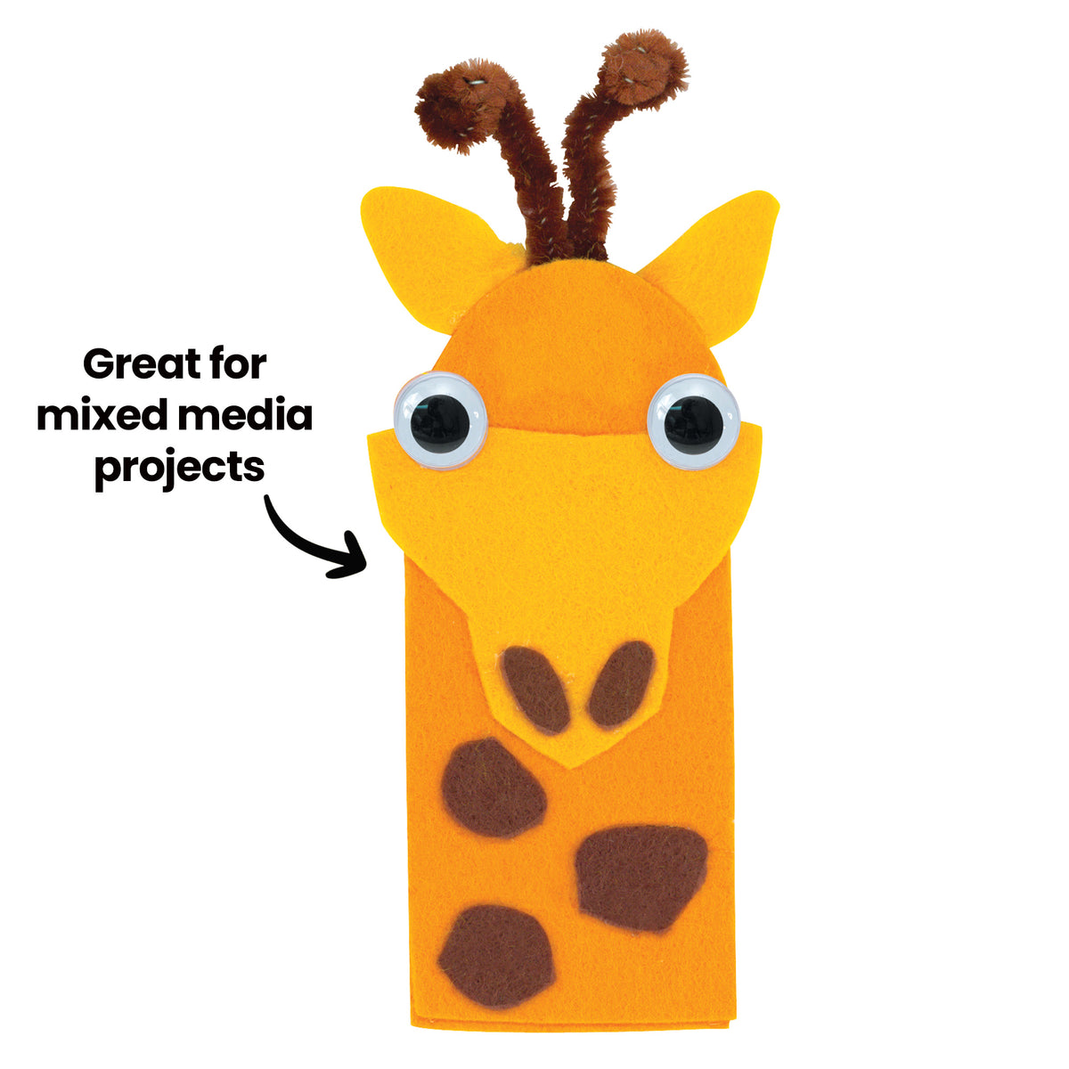 A felt giraffe puppet with Joggle Eyes for its face, orange felt fur with brown spot detailing and ears, two brown pipe-cleaner horns curling at the top. The annotation "Great for mixed media projects" with an arrow points to the puppet's face.