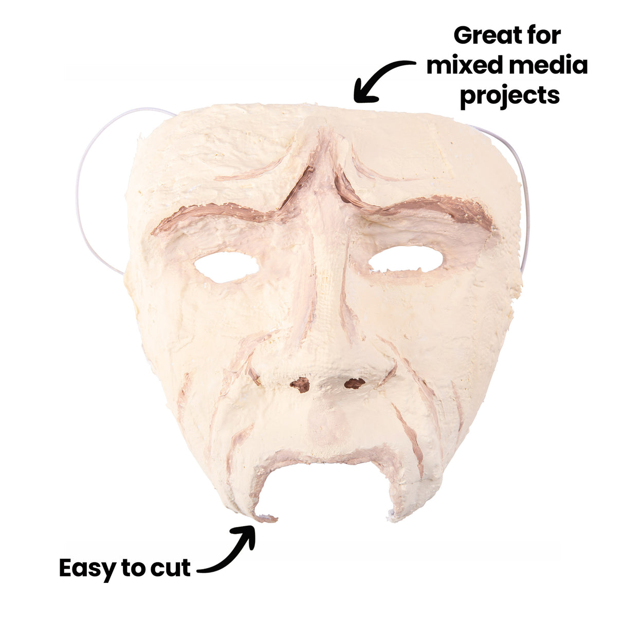 A Zart White Face Mask textured with a thick, rough paper mâché or paste coating in a cream-beige tone, creating a heavily wrinkled, aged appearance. Annotations read "Great for mixed media projects" and "Easy to cut." Elastic band is attached. Photographed against a white background.