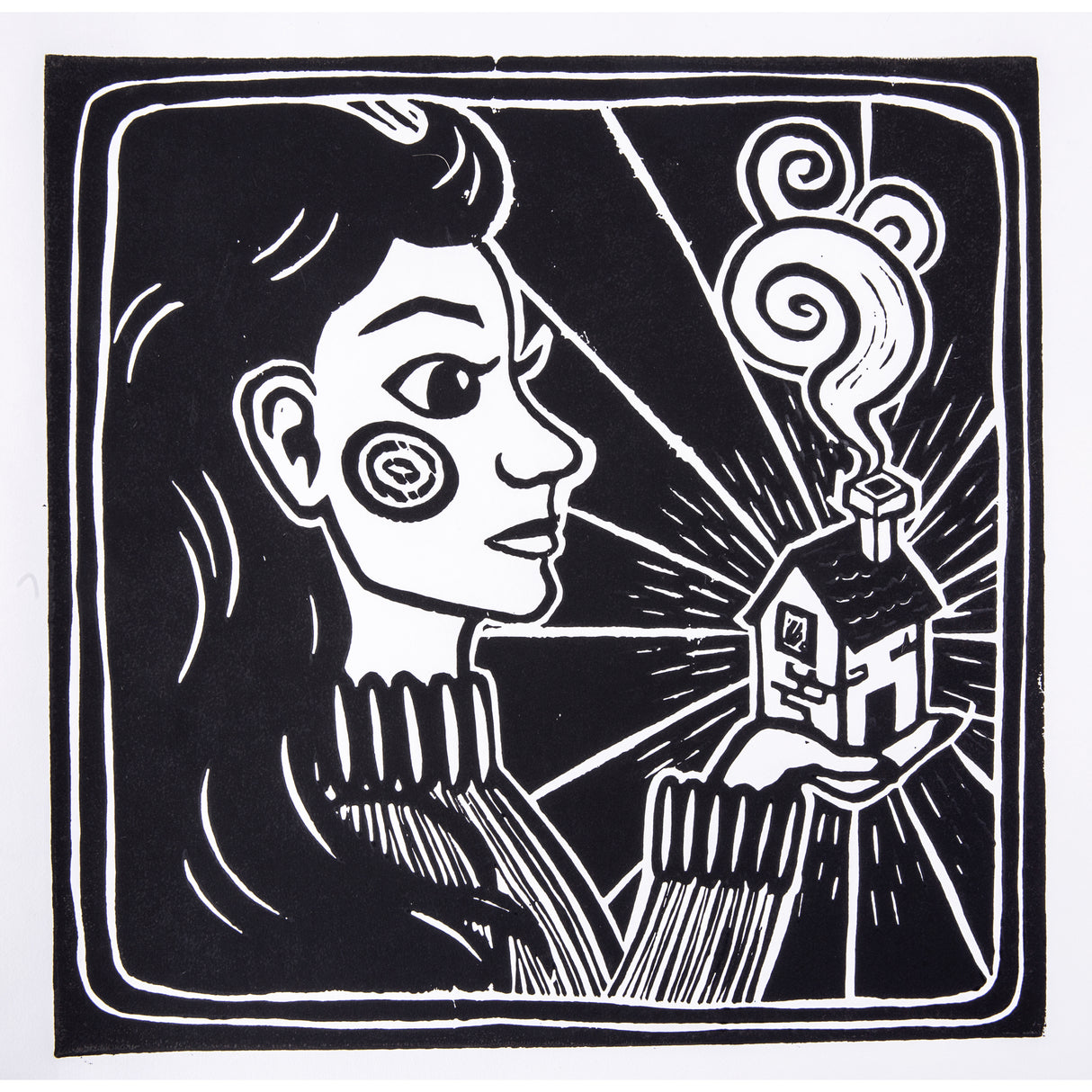 Finished black ink lino print of a woman in profile holding a small house with smoke rising from the chimney. Radiating carved lines and solid black areas demonstrate the bold graphic quality of Silk Cut Lino Tile prints.