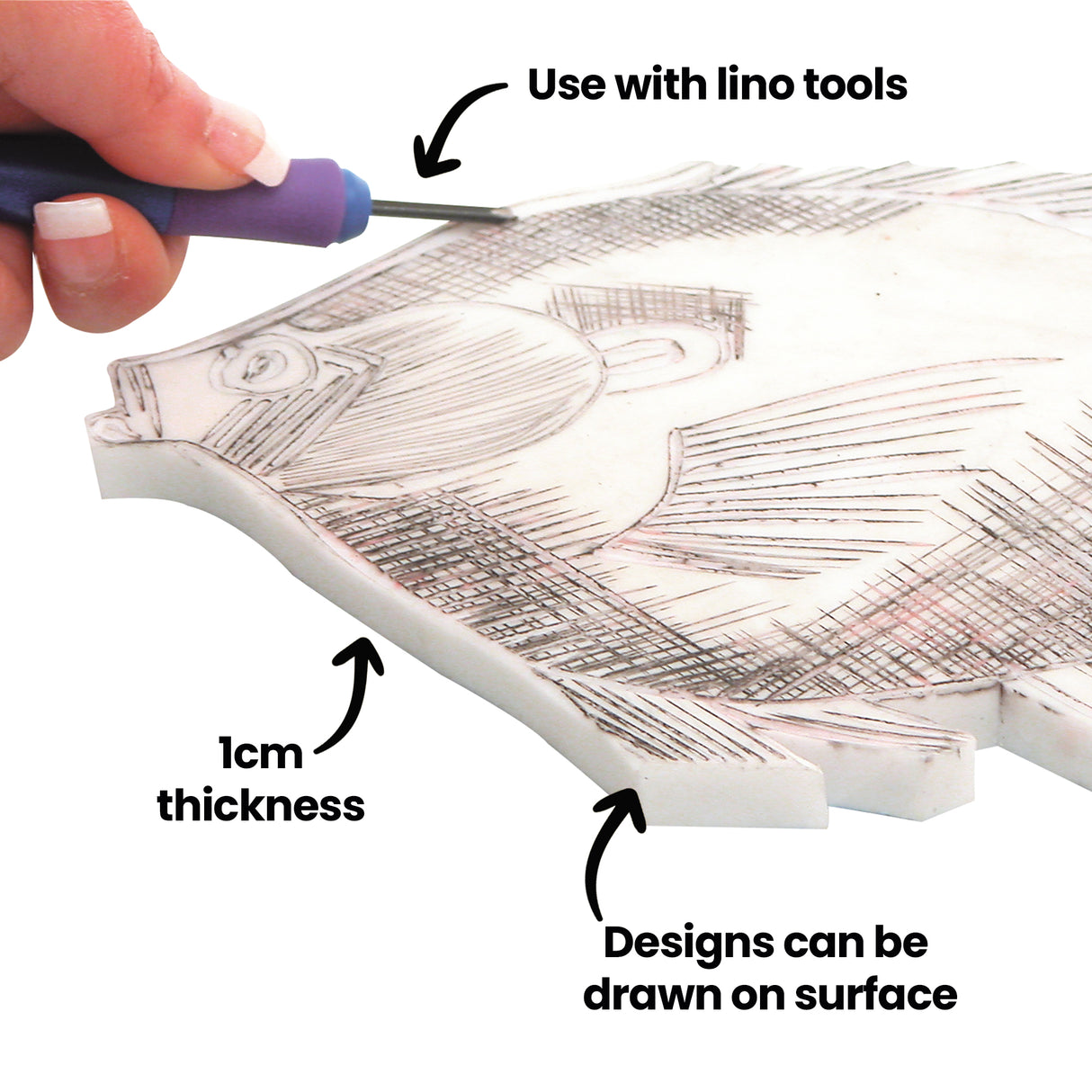 Close-up of a hand using a lino carving tool on a fish-shaped soft cut block. Annotation text reads “Use with lino tools,” “1cm thickness,” and “Designs can be drawn on surface,” with arrows pointing to the tool, block edge and surface.