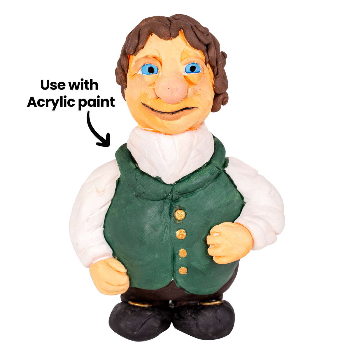 Sculptured figurine character with brown hair and bright blue eyes, wearing a green vest over white shirt and dark trousers. Made from Magiclay Paper and painted with acrylic paint. Text reads "Use with Acrylic paint" with arrow pointing to the figure.