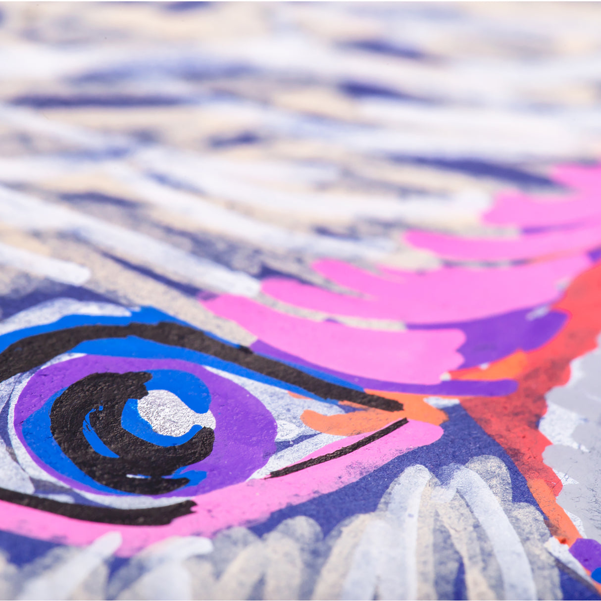 Macro close-up of layered POSCA paint marker strokes forming the eye of a bird. Bright purples, blues, pinks and black lines create a textured, opaque finish.