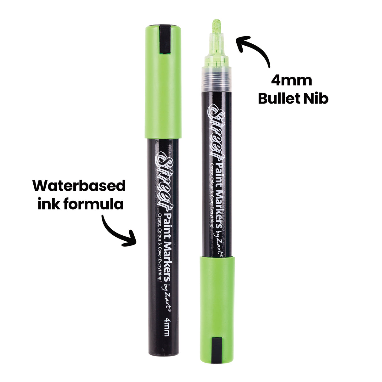 Green Street Paint Marker shown capped and uncapped to display the 4mm bullet nib. Arrows highlight the water-based ink formula and the bullet nib tip size.