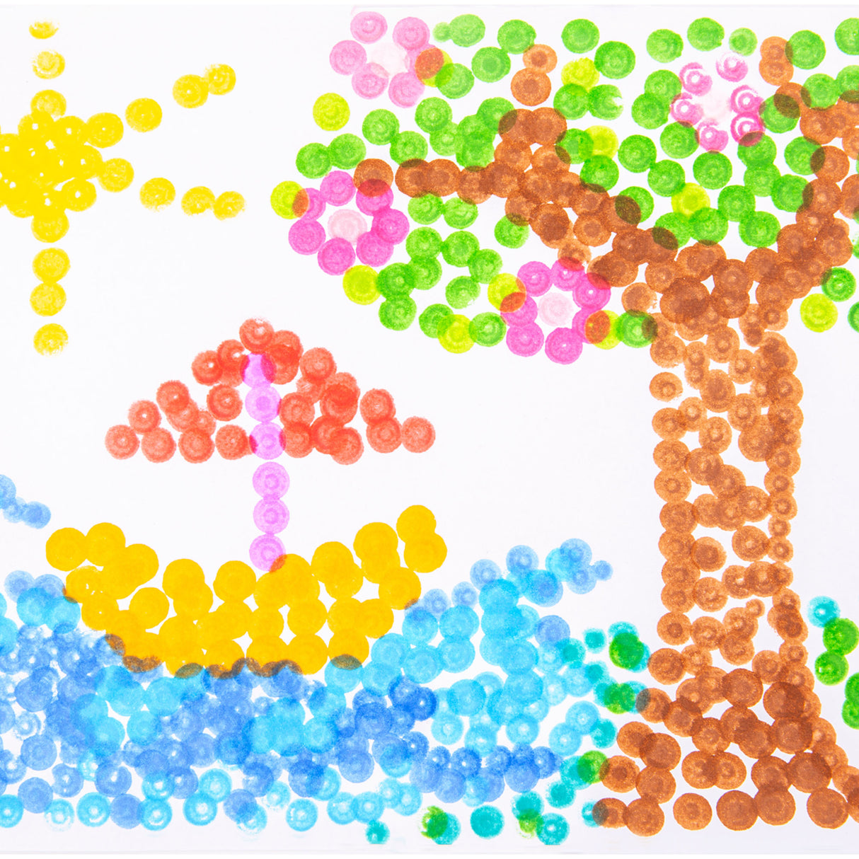 Dot painting of a landscape scene made from colourful stamped circles. A brown tree trunk and branches, green foliage, blue water and yellow ground are formed using overlapping dot marks on white paper.