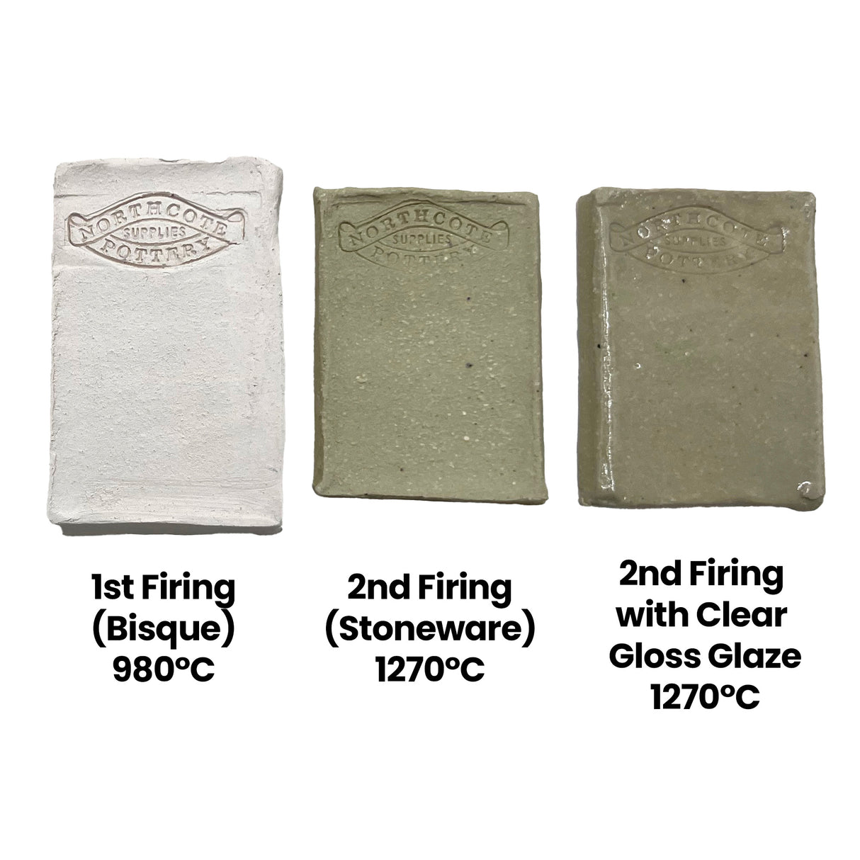 Three fired clay test tiles showing Northcote Pottery Supplies branding embossed at top. Left tile shows 1st Firing (Bisque) 980°C in pale cream colour. Centre shows 2nd Firing (Stoneware) 1270°C in natural grey-green tone. Right displays 2nd Firing with Clear Gloss Glaze 1270°C with glossy olive-grey finish demonstrating stoneware clay firing stages.