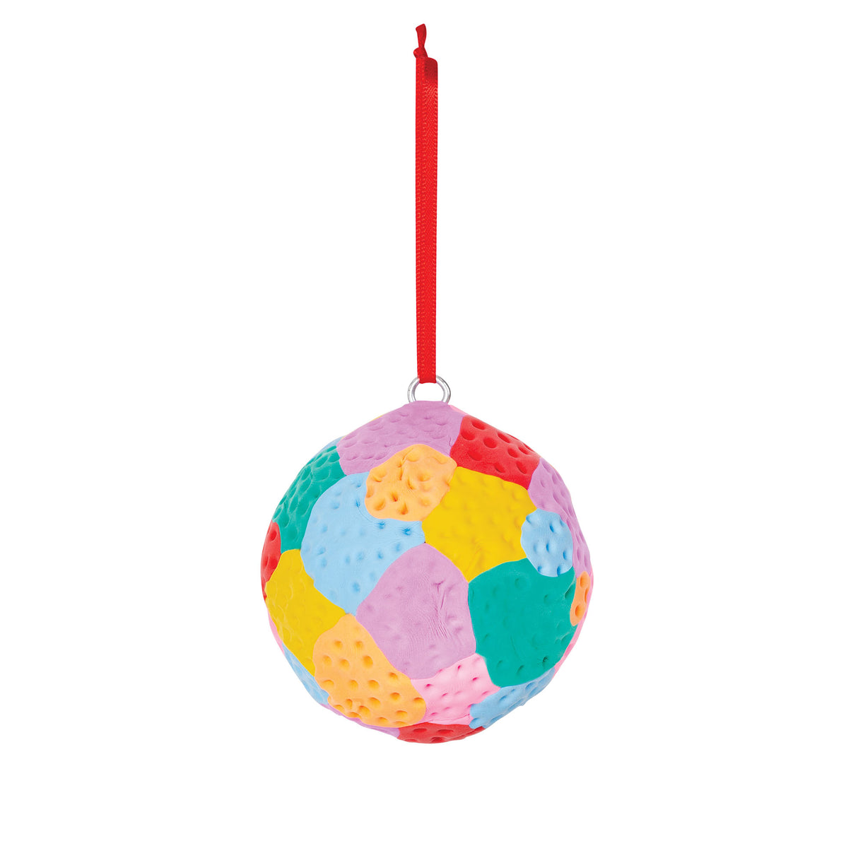 A decorated Zart Papier-mache Bauble covered in a colourful patchwork of textured, dimpled clay-like pieces in pink, yellow, teal, orange, red, and purple, hung from a red ribbon. The mosaic-style surface demonstrates a mixed-media modelling and colouring technique.